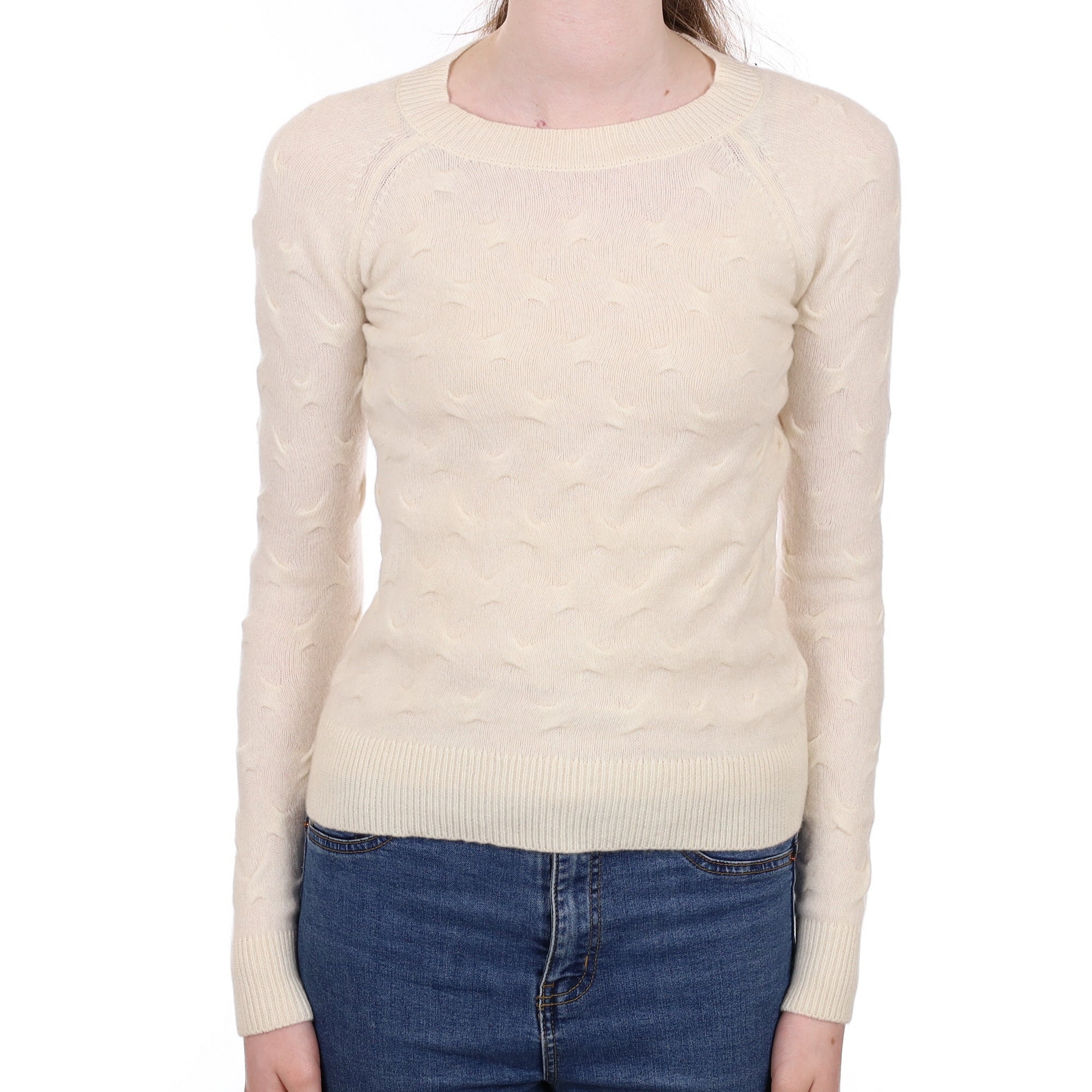 Cream Textured Cashmere Crew Neck Jumper Extra Small