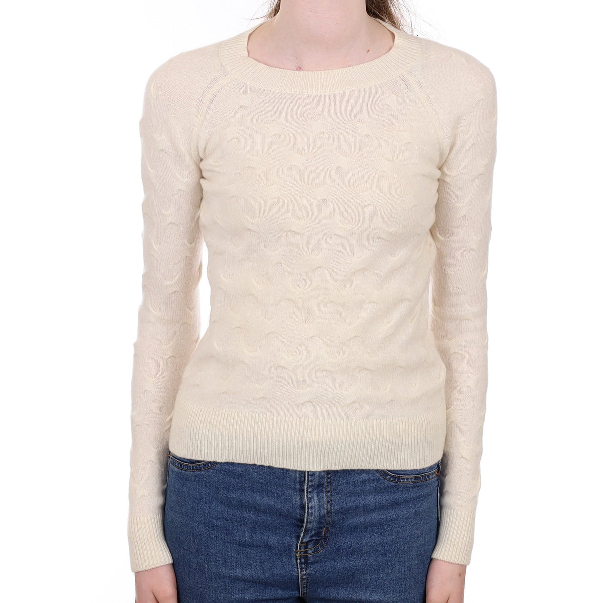 Cream Textured Cashmere Crew Neck Jumper Extra Small