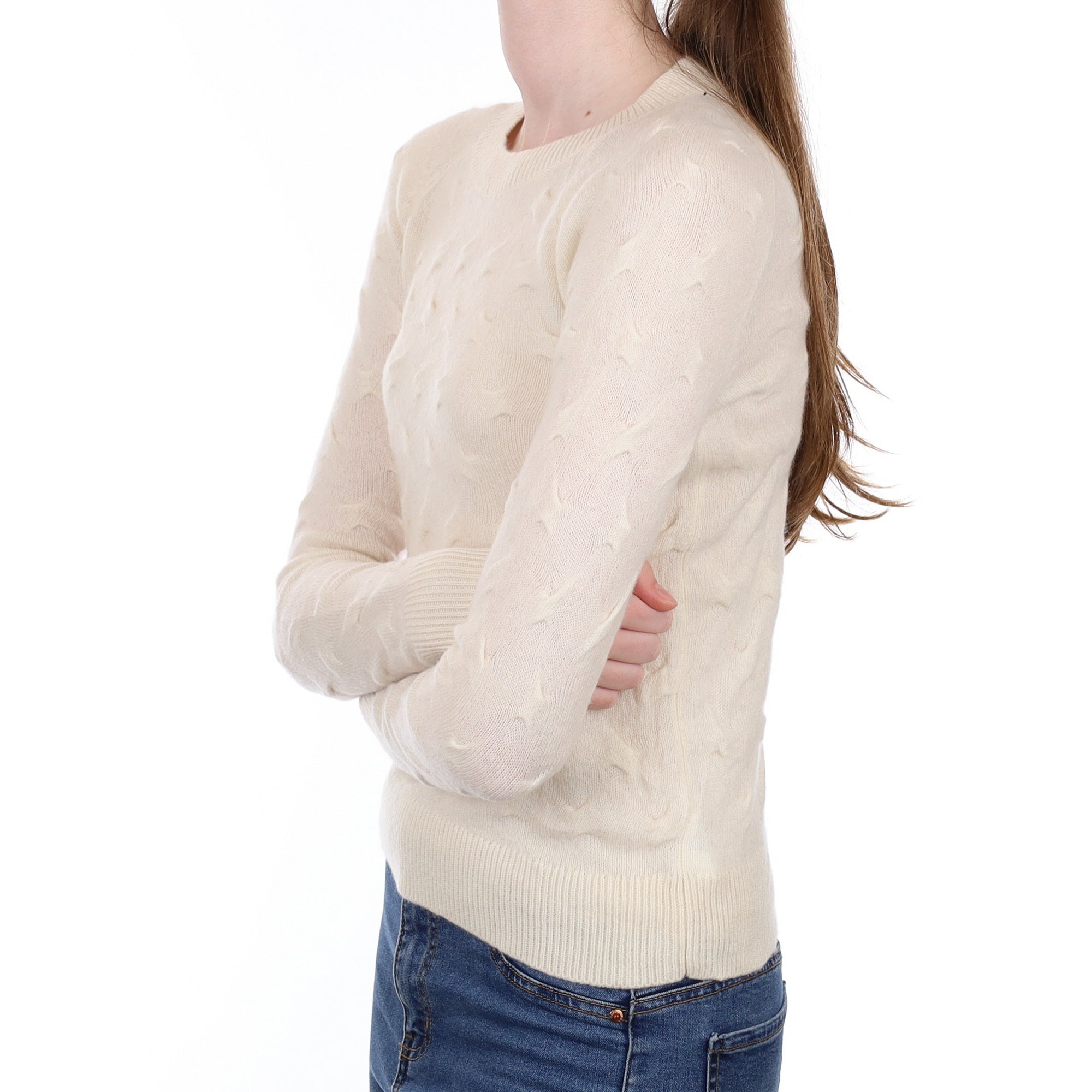 Cream Textured Cashmere Crew Neck Jumper Extra Small