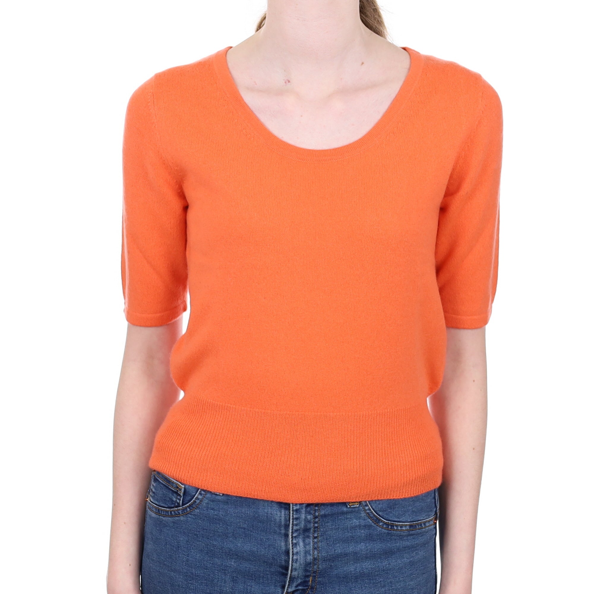 Sunset Orange Cashmere Short Sleeve Scoop Neck Jumper Extra Small