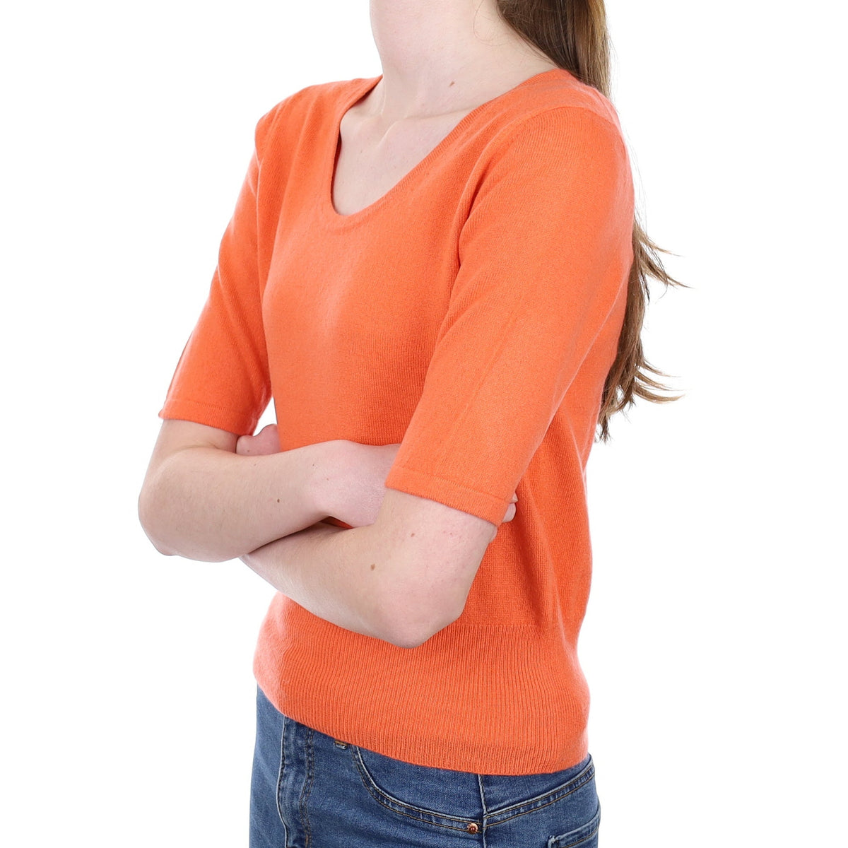 Sunset Orange Cashmere Short Sleeve Scoop Neck Jumper Extra Small
