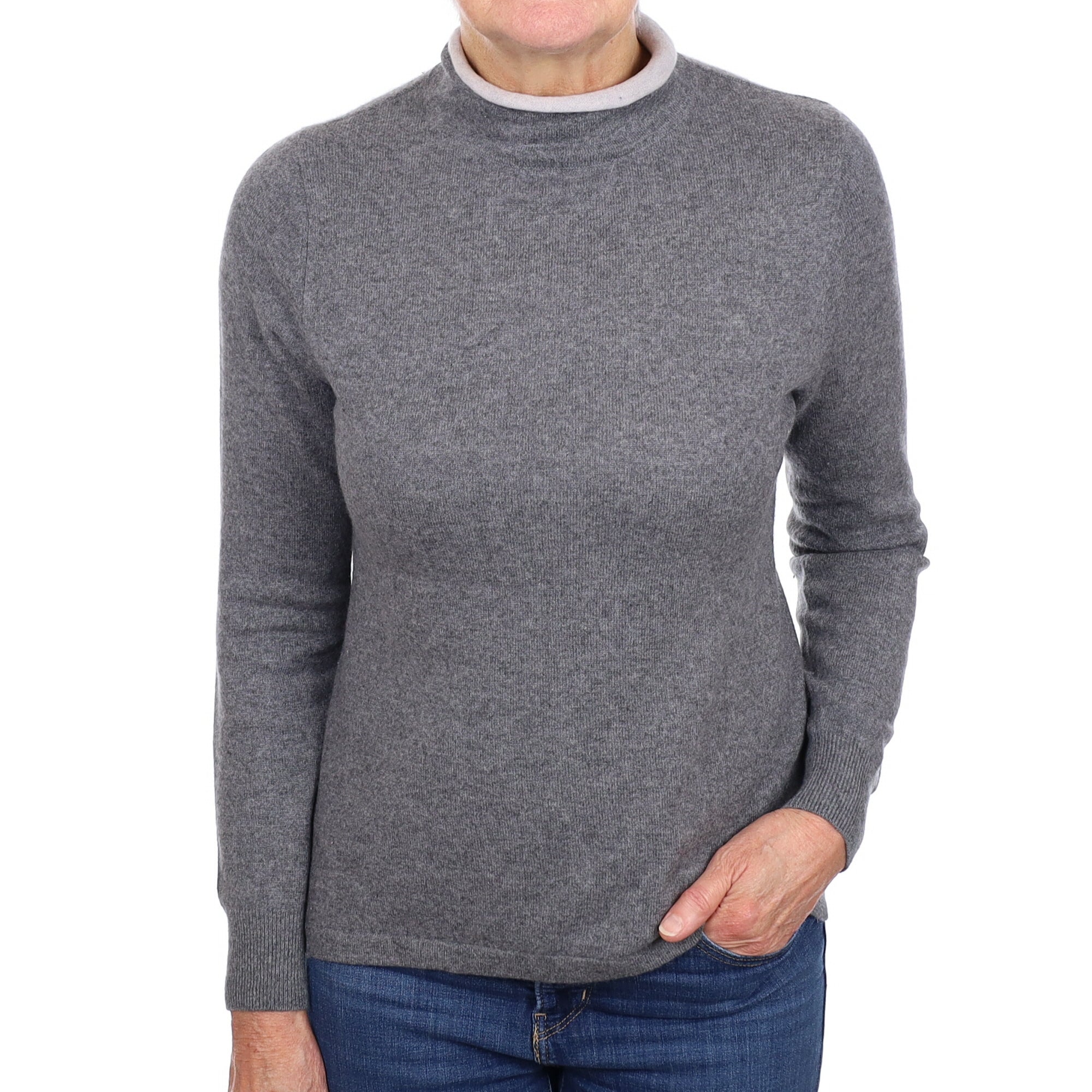 Slate Grey Cashmere Double Layered Funnel Neck Jumper Medium