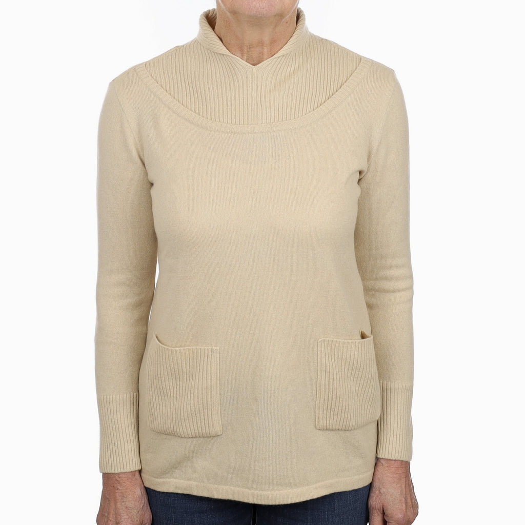 Beige Cashmere Feature Neck Jumper with Pockets Medium