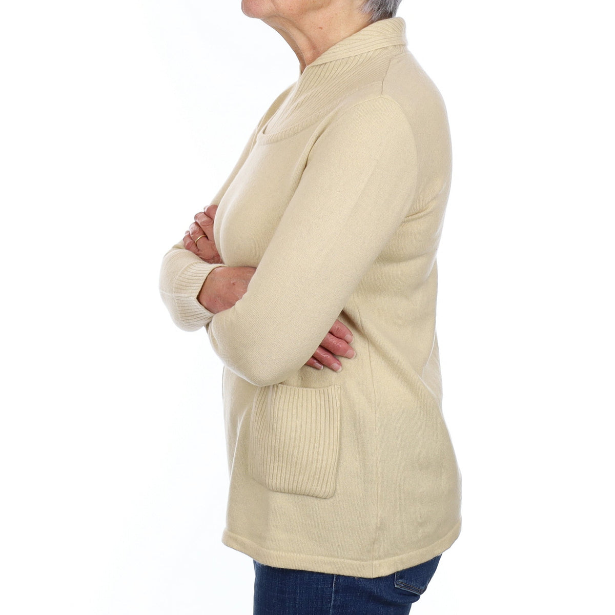 Beige Cashmere Feature Neck Jumper with Pockets Medium