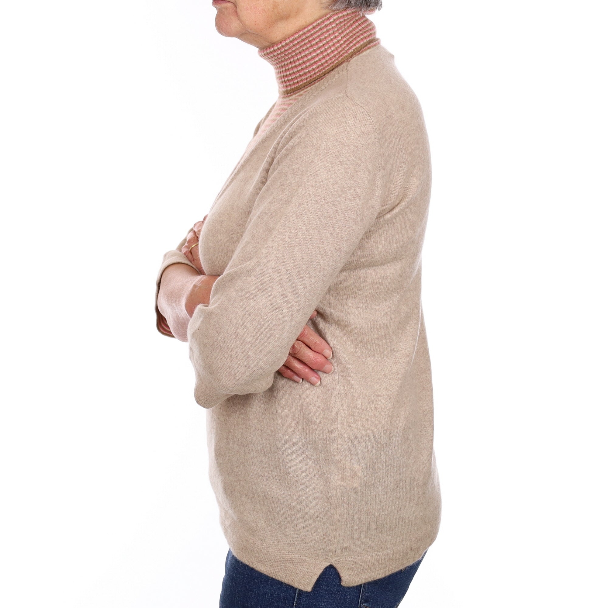 Fawn and Pink Stripe Cashmere Polo Neck Jumper Medium