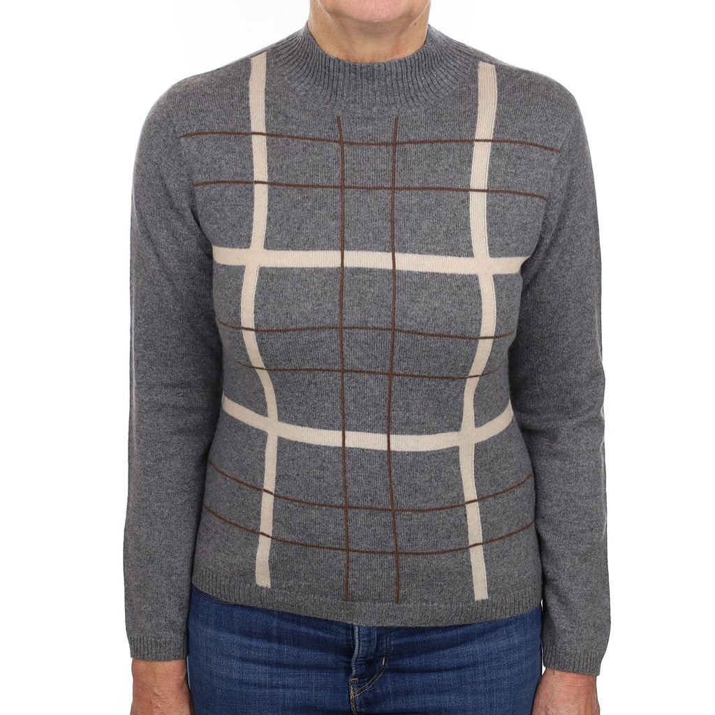 Slate Grey Checked Cashmere Turtle Neck Jumper Medium