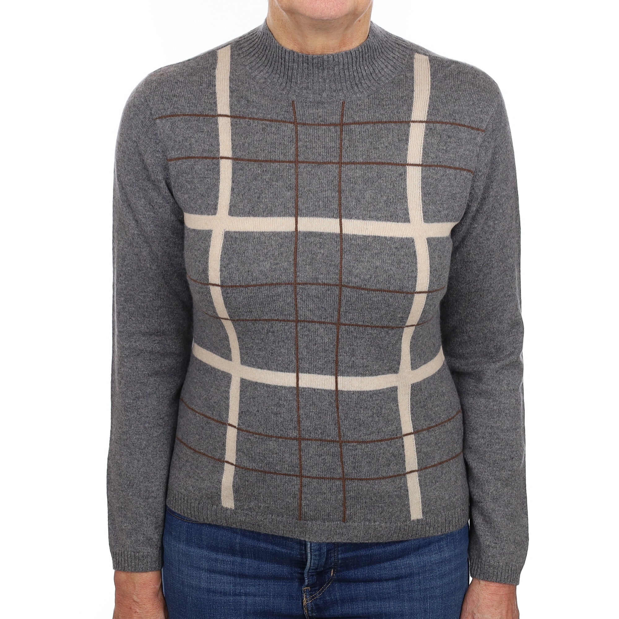 Slate Grey Checked Cashmere Turtle Neck Jumper Medium