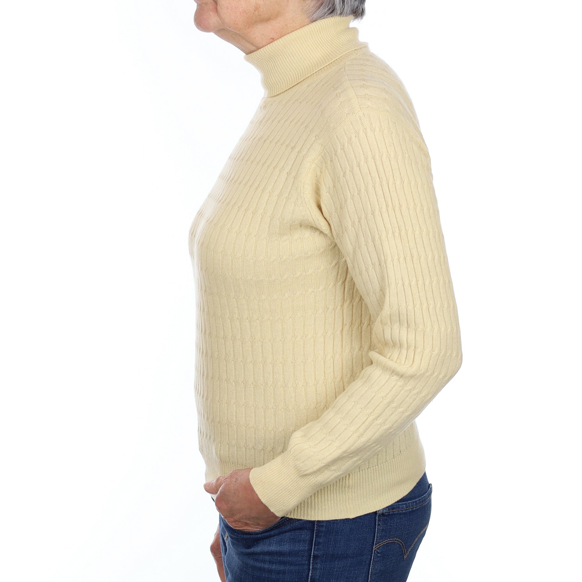 Custard Yellow Cable Cashmere Polo Neck Jumper Medium