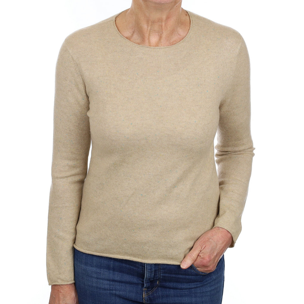 Sand and Aqua Fleck Cashmere Crew Neck Jumper Medium