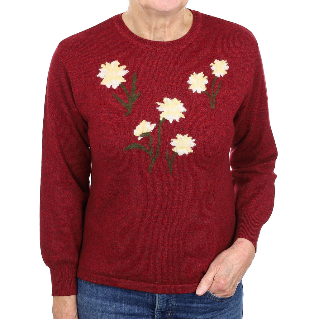Burgundy Marl Floral Cashmere Crew Neck Jumper Medium