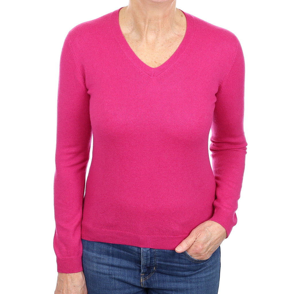 Fuchsia Cashmere V Neck Jumper Medium