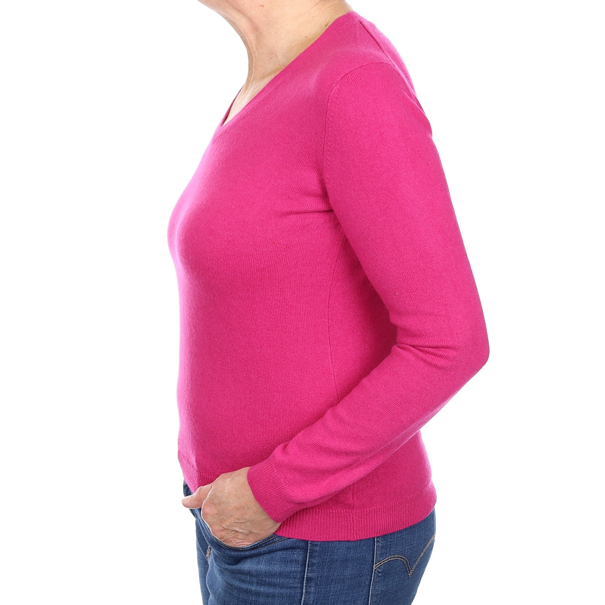 Fuchsia Cashmere V Neck Jumper Medium