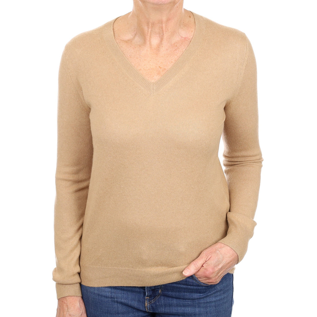 Caramel Brown Cashmere V Neck Jumper Medium