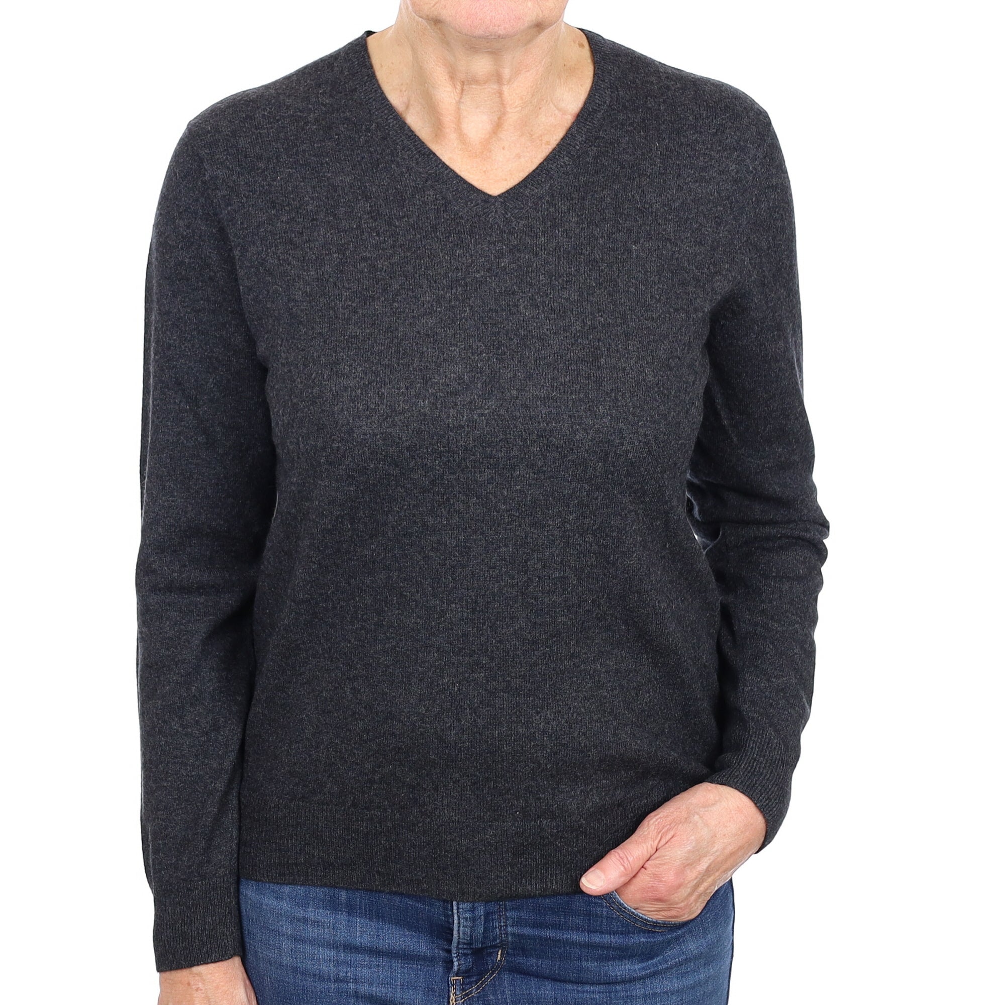 Charcoal Grey Cashmere V Neck Jumper Medium