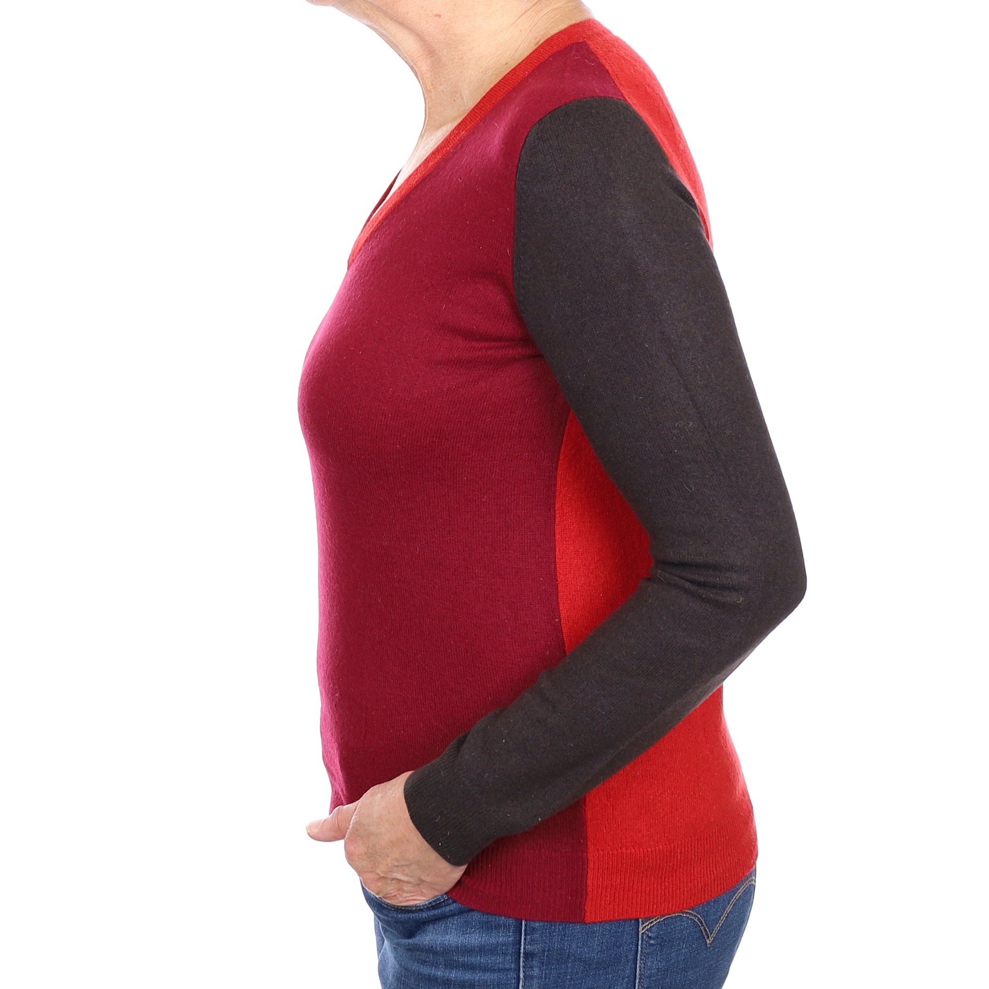 Burgundy Colour Block Cashmere V Neck Jumper Medium
