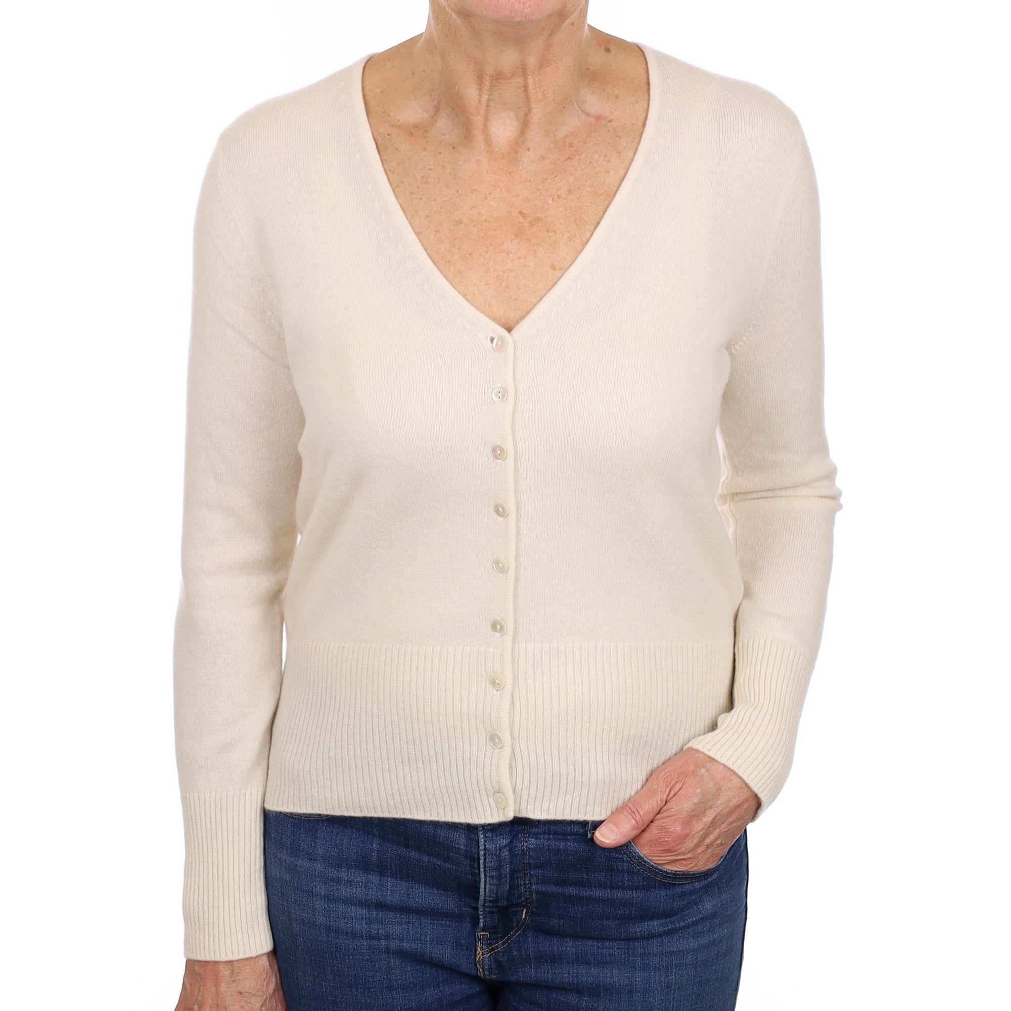Ivory Cashmere V Neck Cardigan Medium