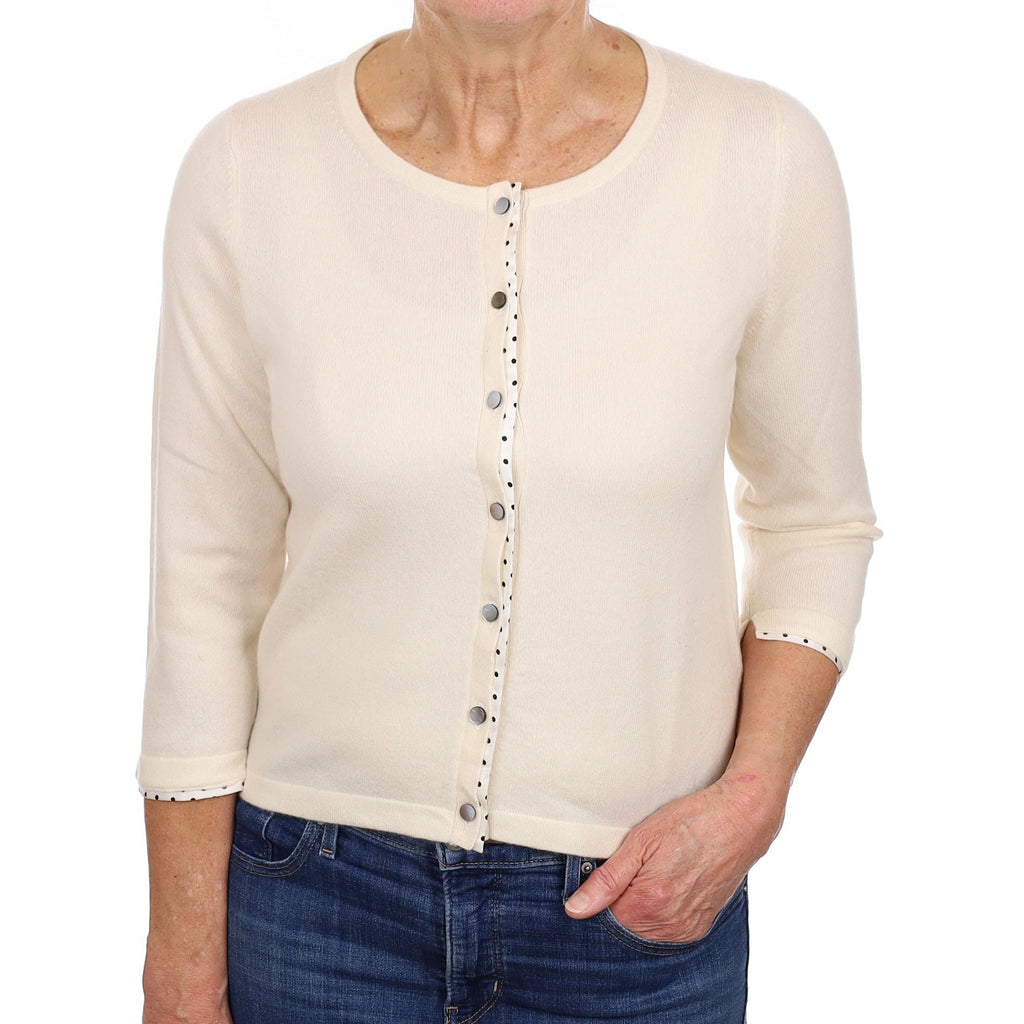 Vanilla Cream Dotted Trim Cashmere Crew NeckCardigan Medium