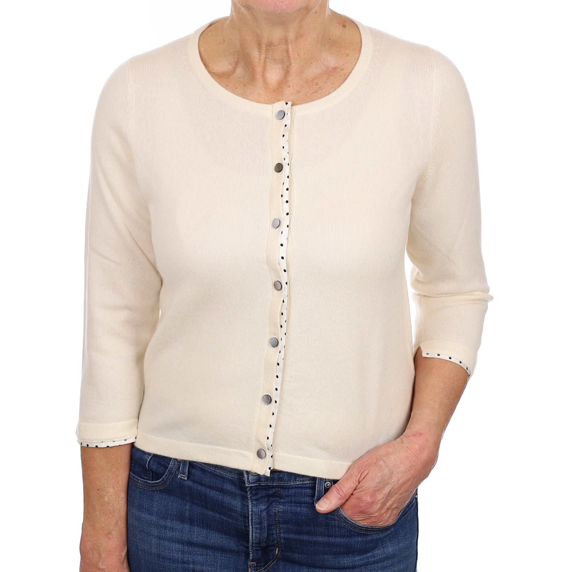Vanilla Cream Dotted Trim Cashmere Crew NeckCardigan Medium
