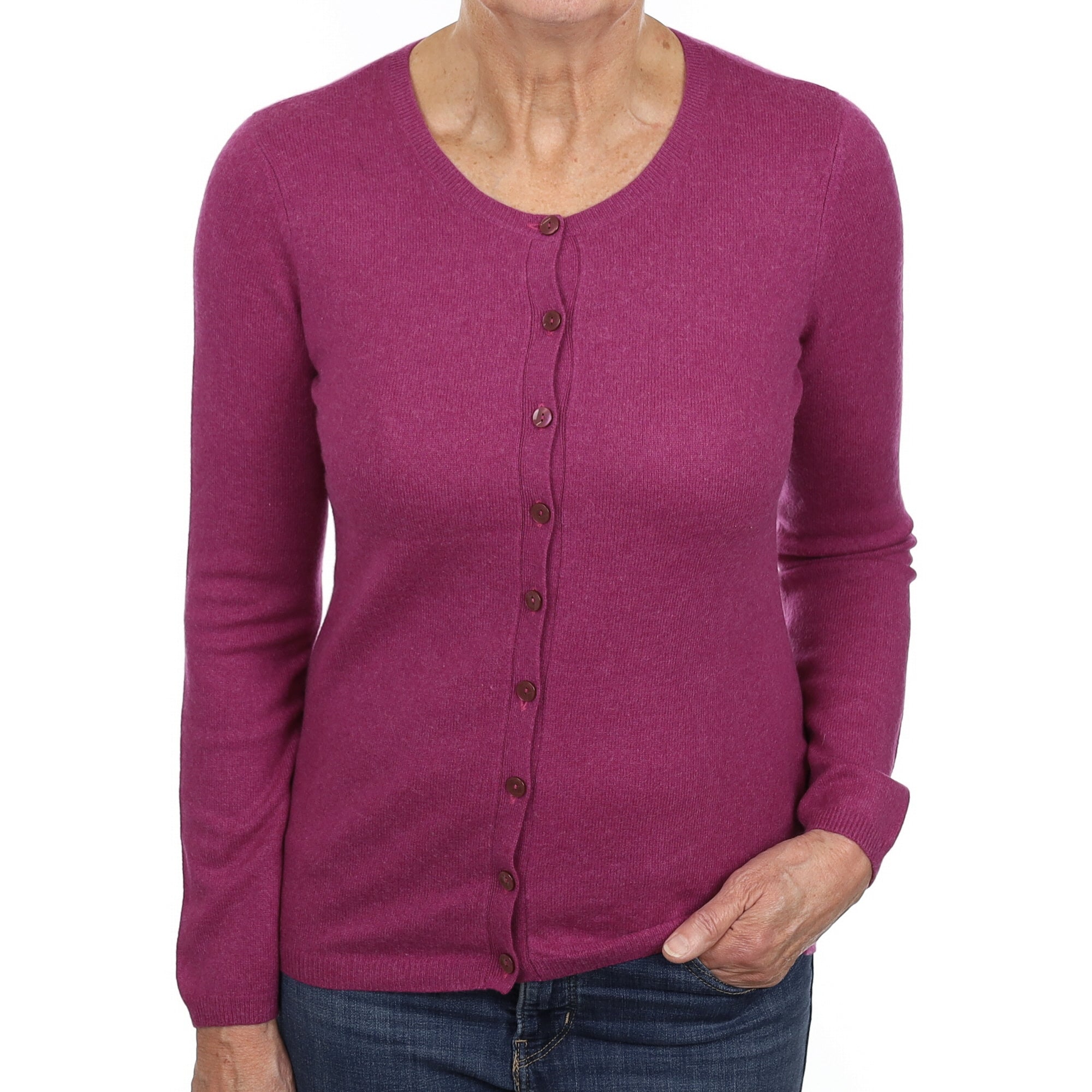 Magenta Pink Cashmere Crew Neck Cardigan Medium