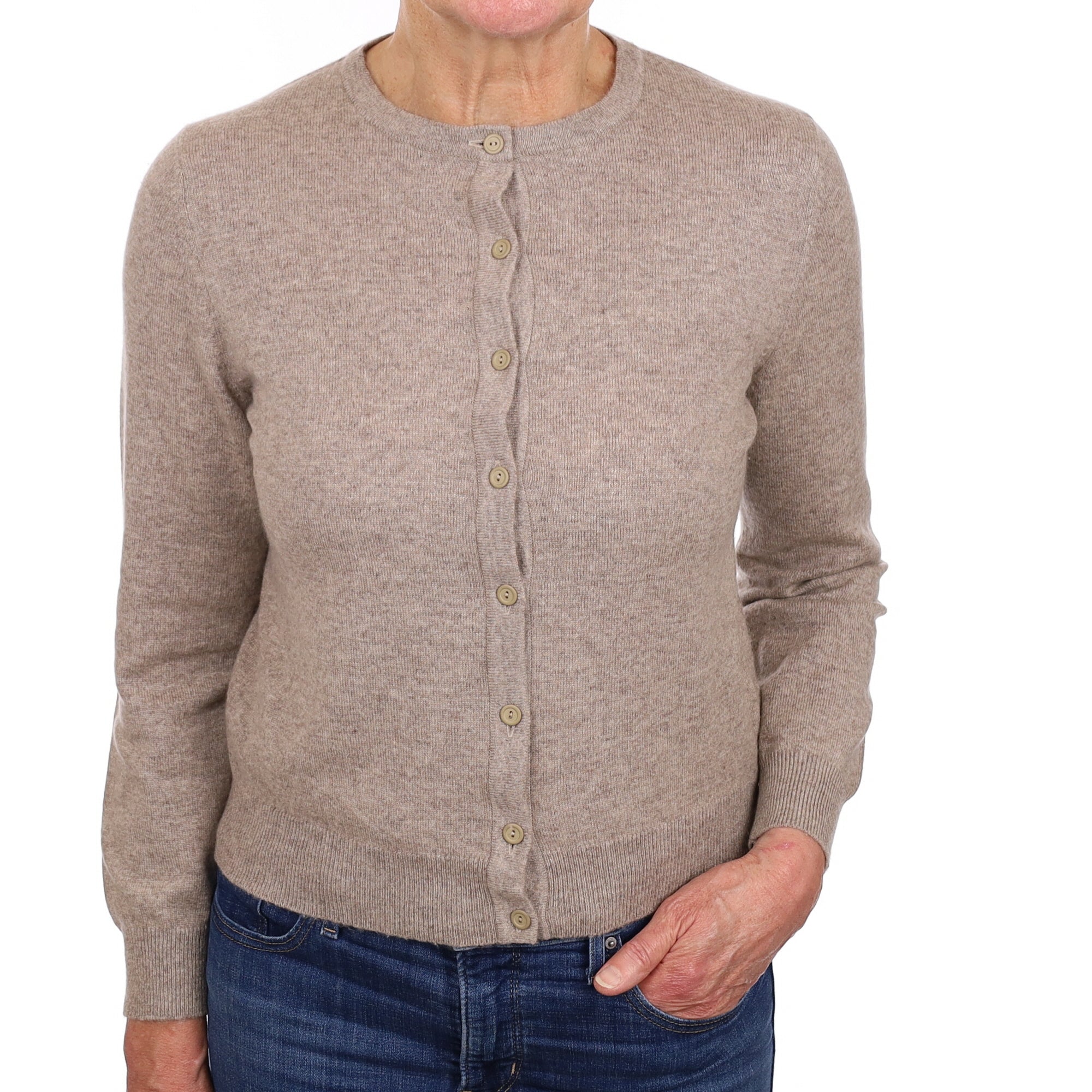 Taupe Brown Cashmere Crew Neck Cardigan Medium