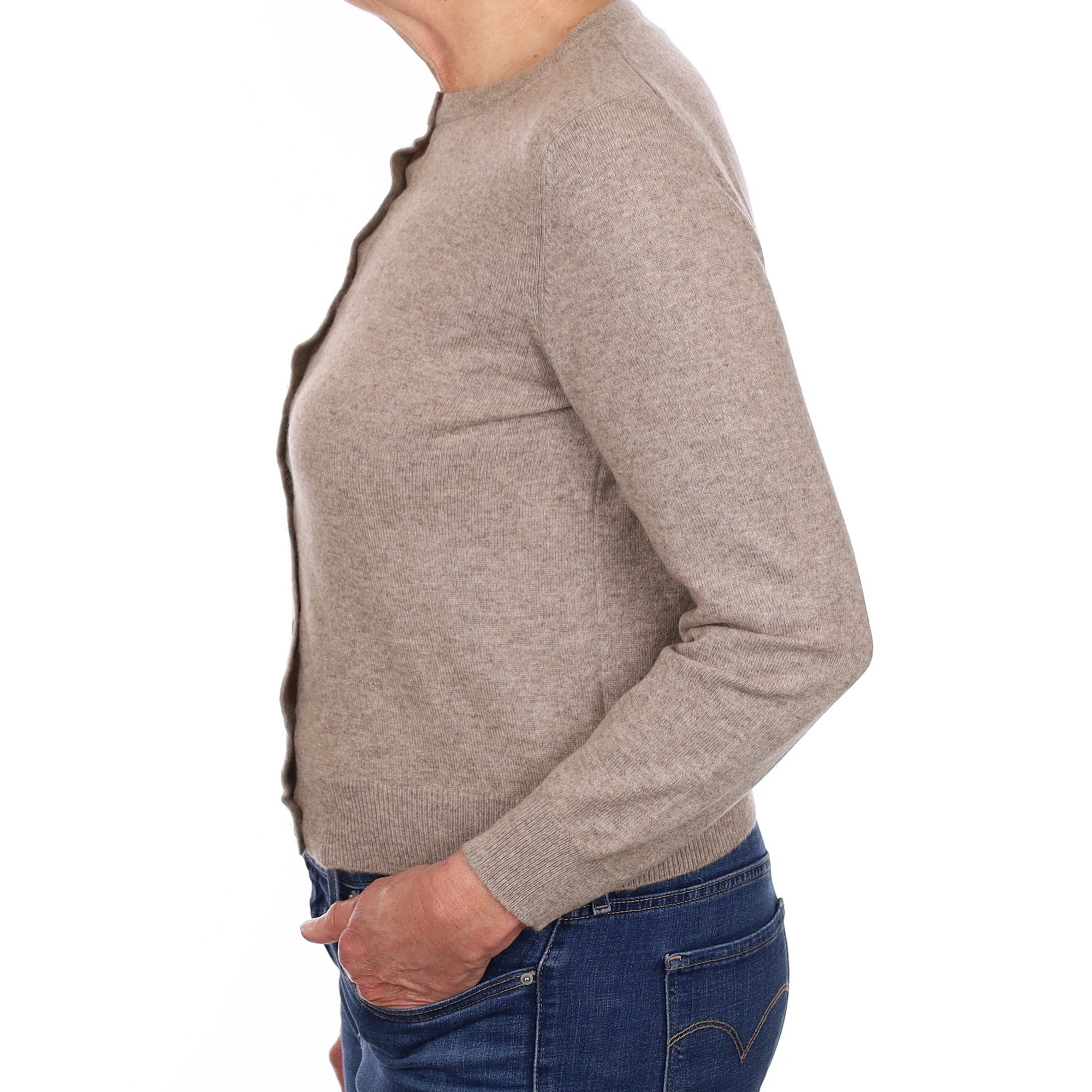 Taupe Brown Cashmere Crew Neck Cardigan Medium