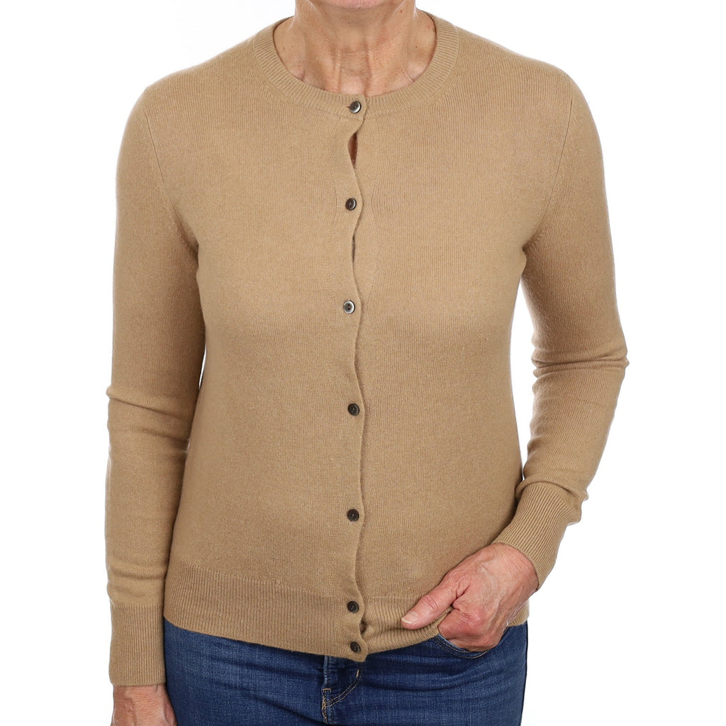 Camel Brown Cashmere Crew Neck Cardigan Medium