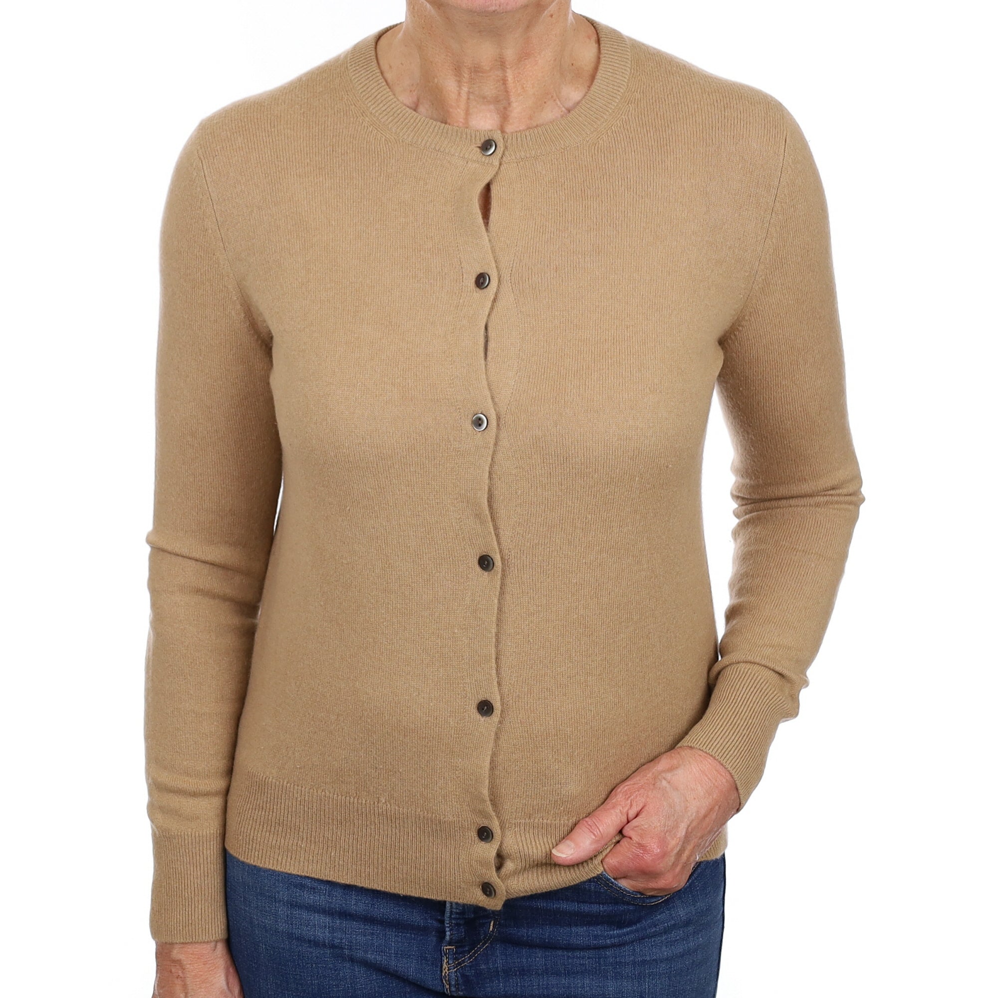 Camel Brown Cashmere Crew Neck Cardigan Medium