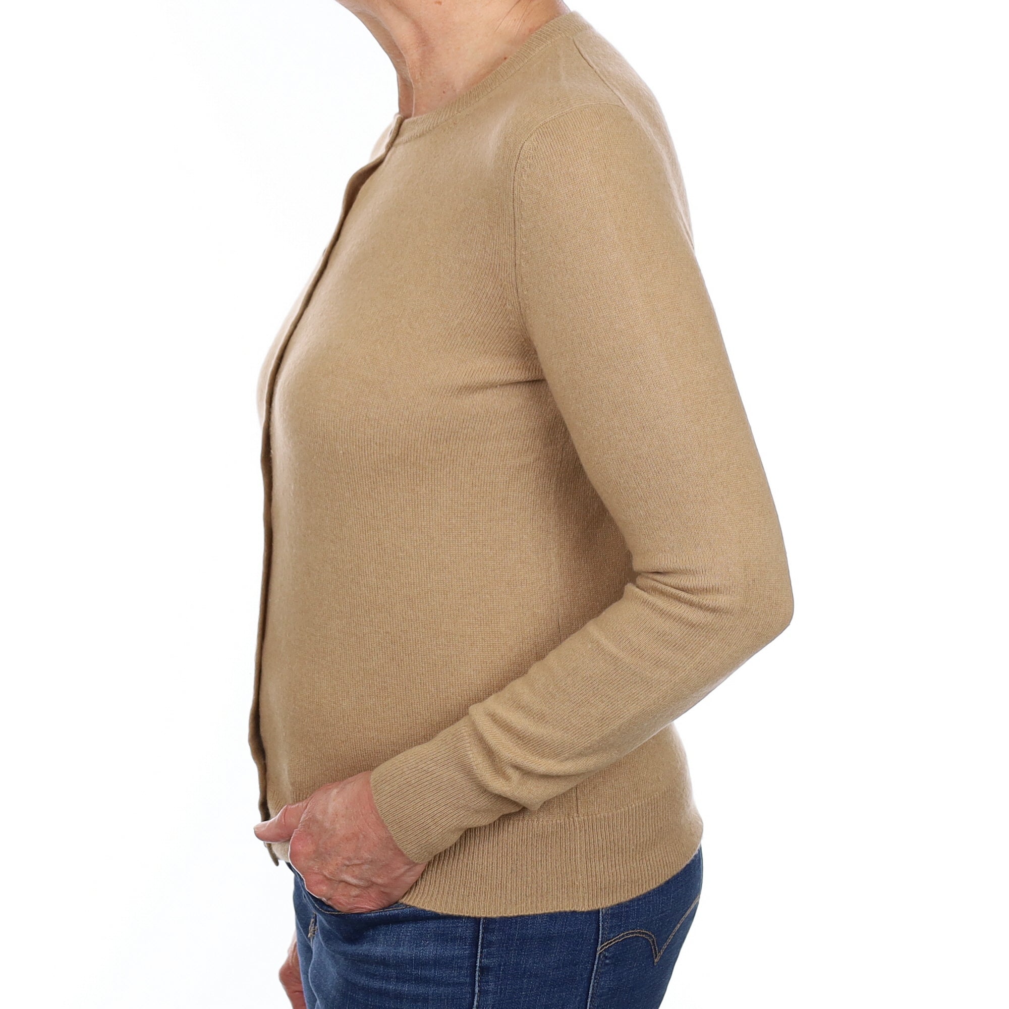 Camel Brown Cashmere Crew Neck Cardigan Medium