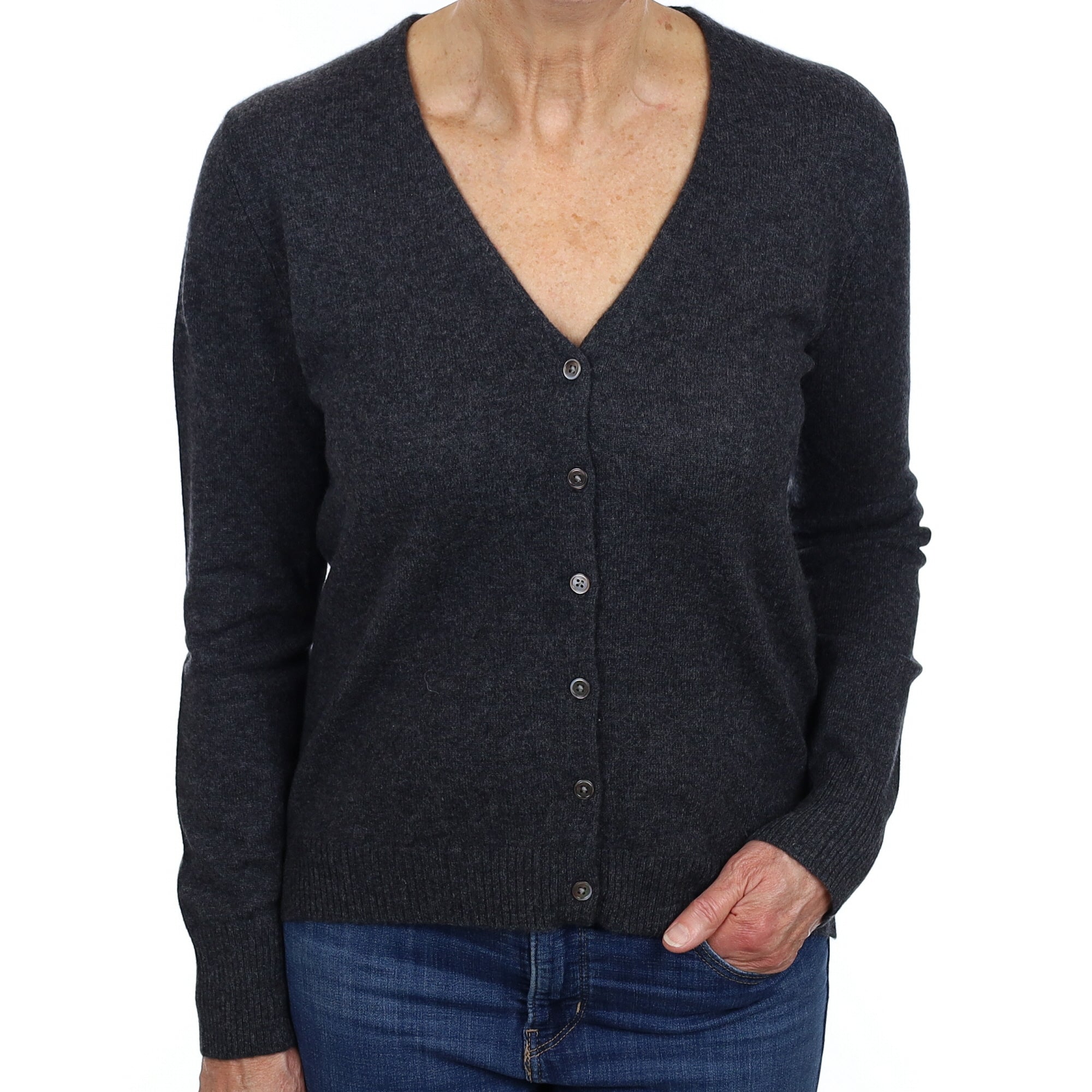 Charcoal Grey Cashmere V Neck Cardigan Medium
