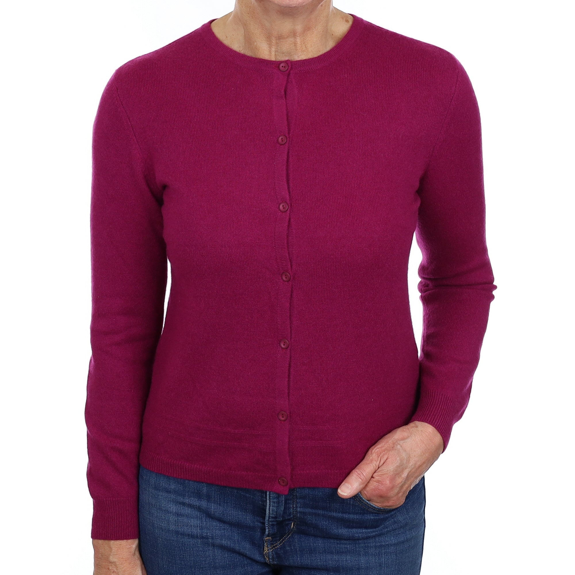Deep Magenta Pink Cashmere Crew Neck Cardigan Medium