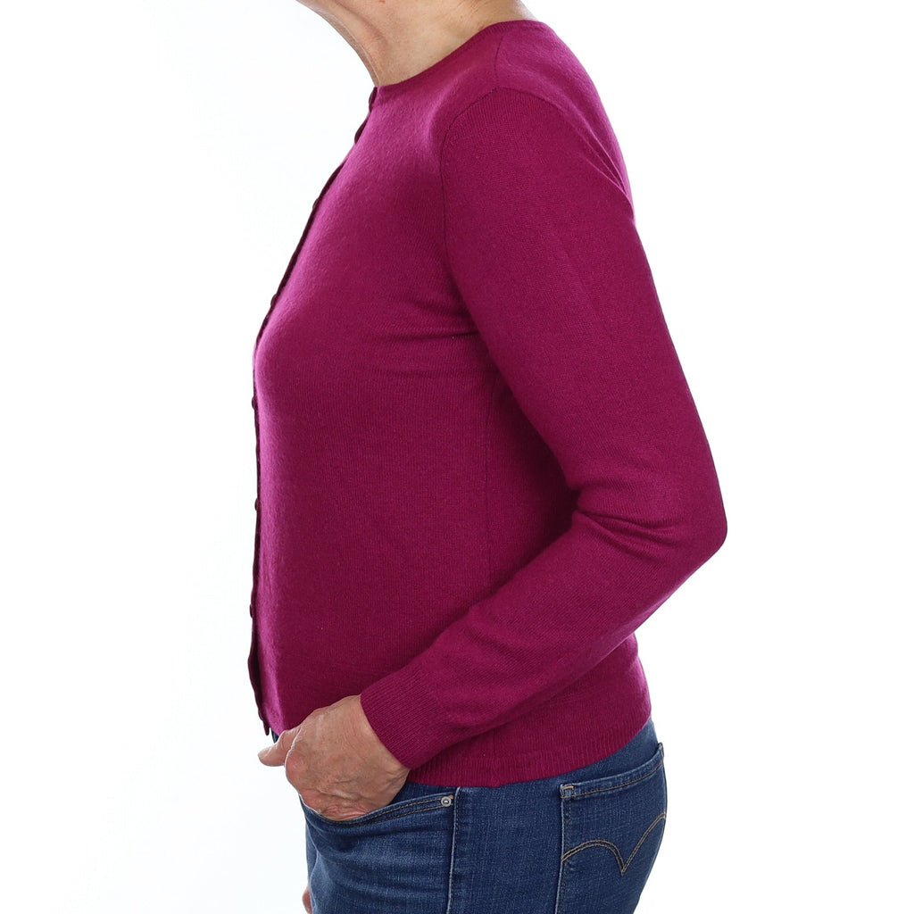Deep Magenta Pink Cashmere Crew Neck Cardigan Medium
