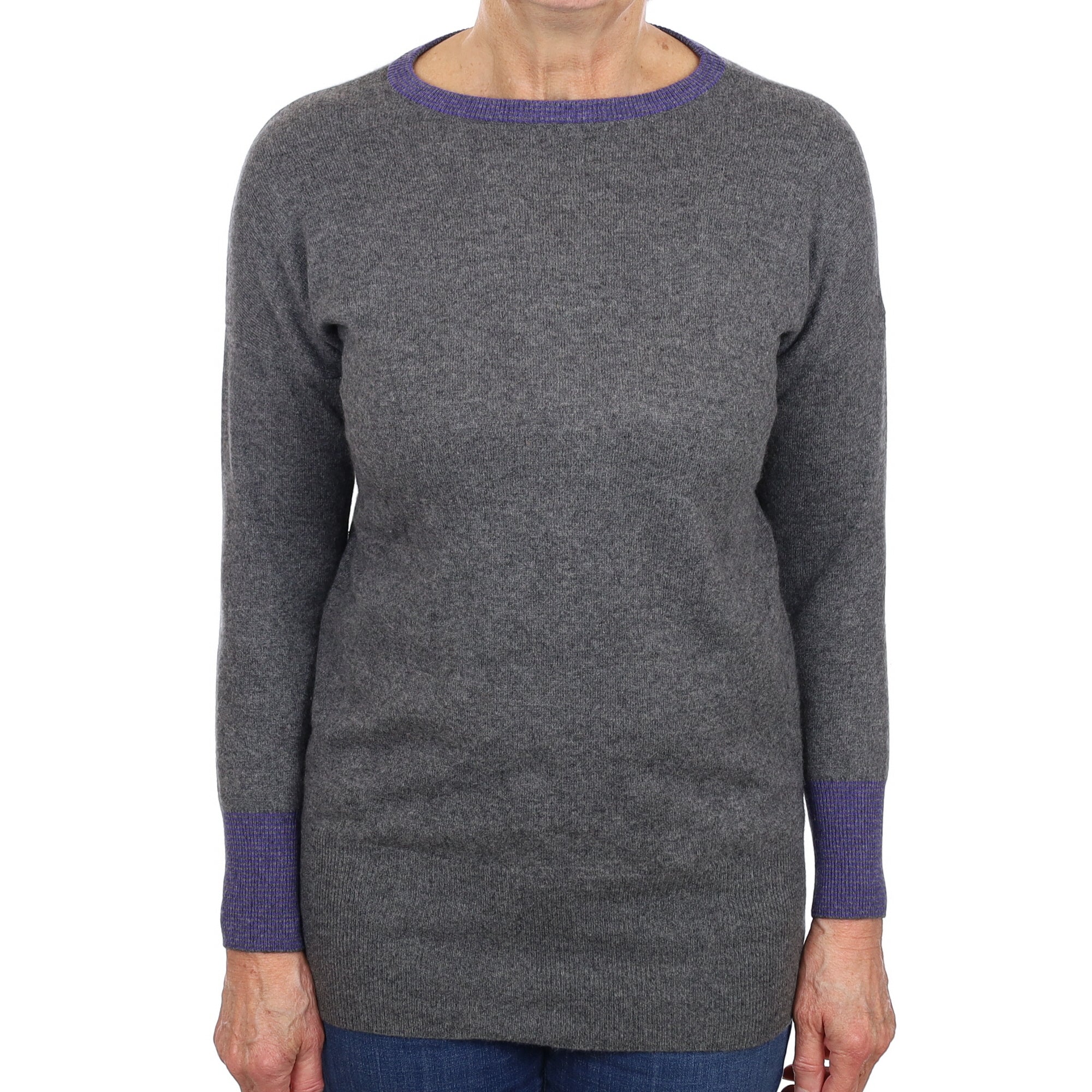 Slate Grey Purple Trim Cashmere Crew Neck Jumper Medium