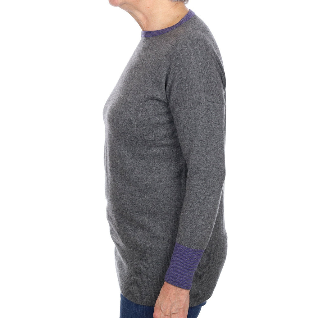 Slate Grey Purple Trim Cashmere Crew Neck Jumper Medium