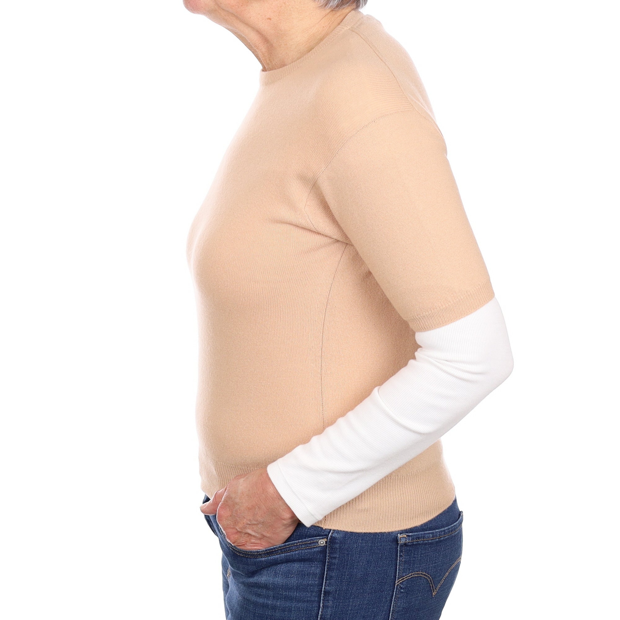 Scottish Buff Beige Cashmere Short Sleeved Crew Neck Jumper Medium