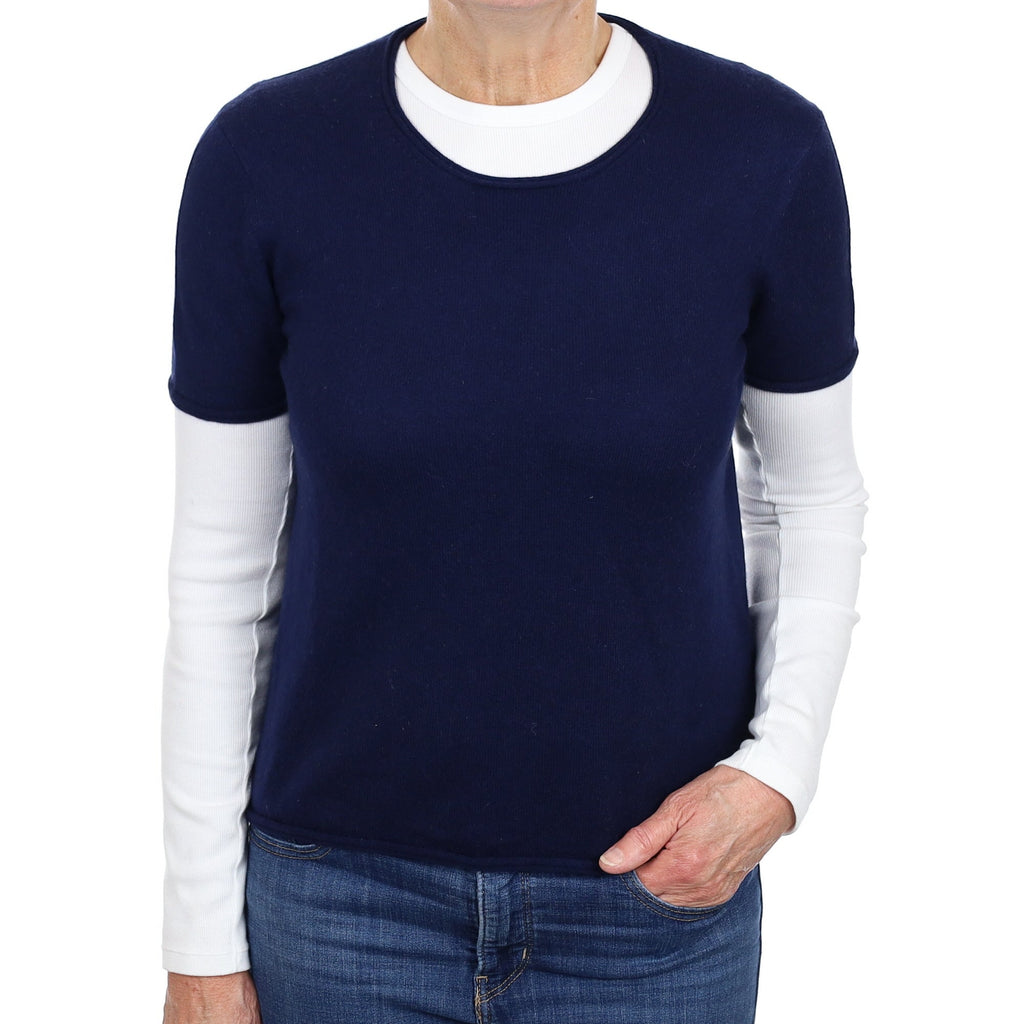 Navy Blue Short Sleeved Cashmere Crew Neck Jumper Medium