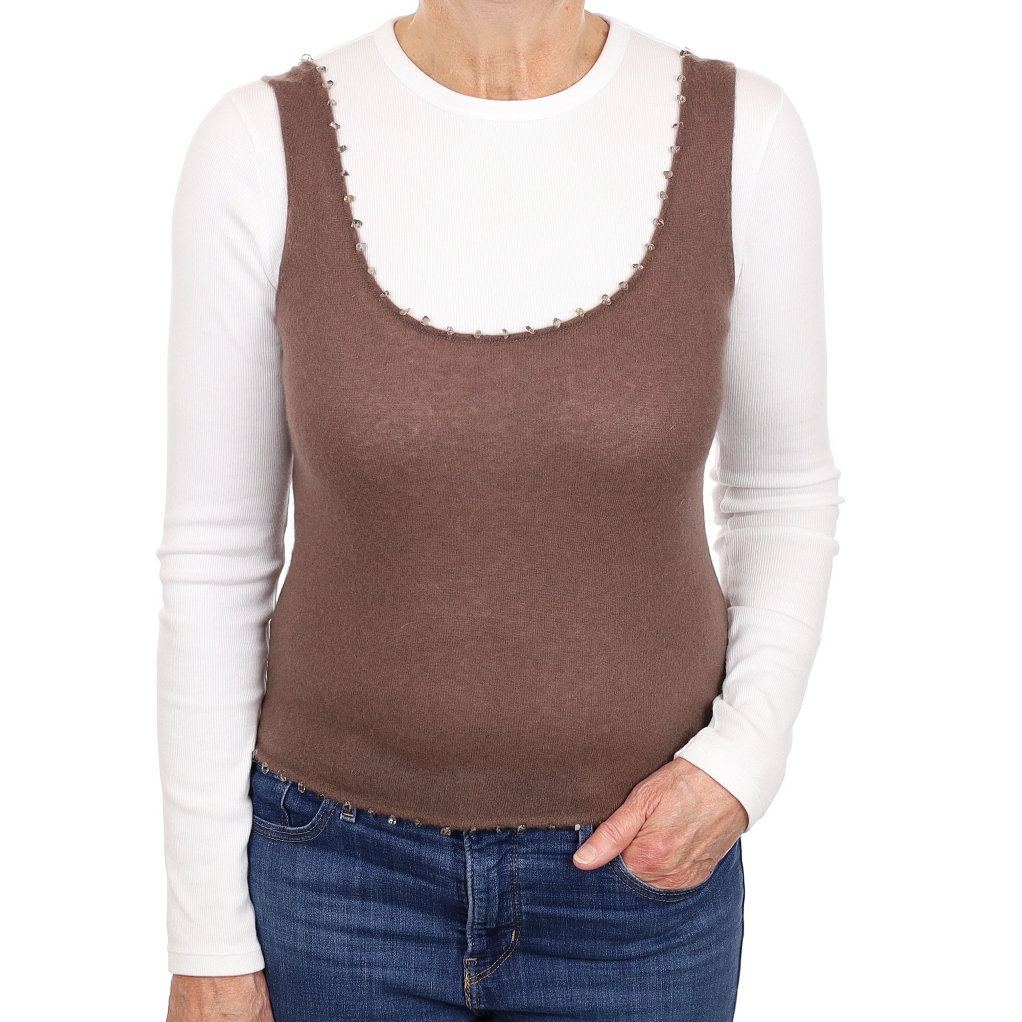 Donkey Brown Slim Fit Cashmere Beaded Vest Medium