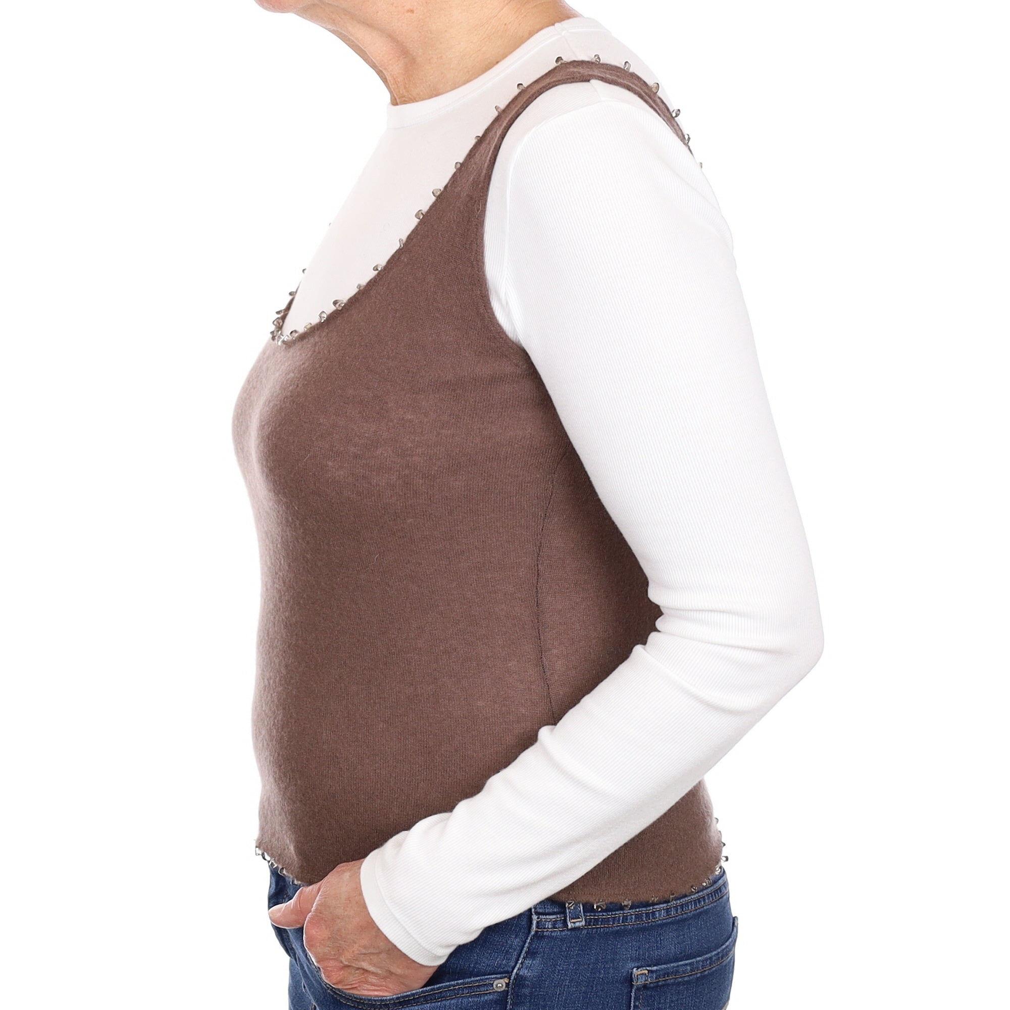 Donkey Brown Slim Fit Cashmere Beaded Vest Medium