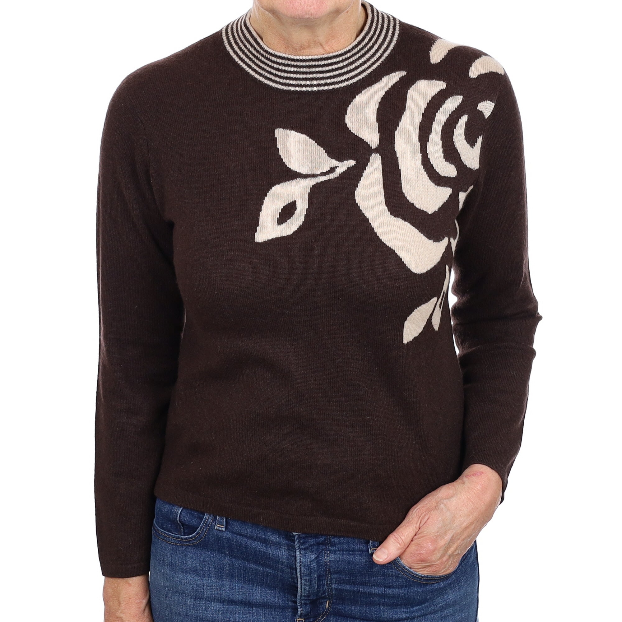 Chocolate Brown Floral Cashmere Turtle Neck Jumper Medium