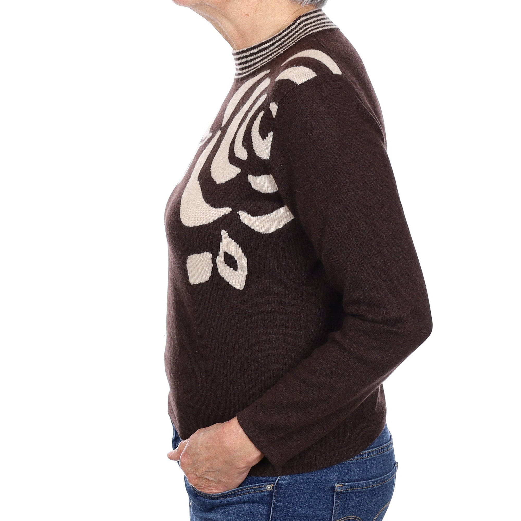 Chocolate Brown Floral Cashmere Turtle Neck Jumper Medium