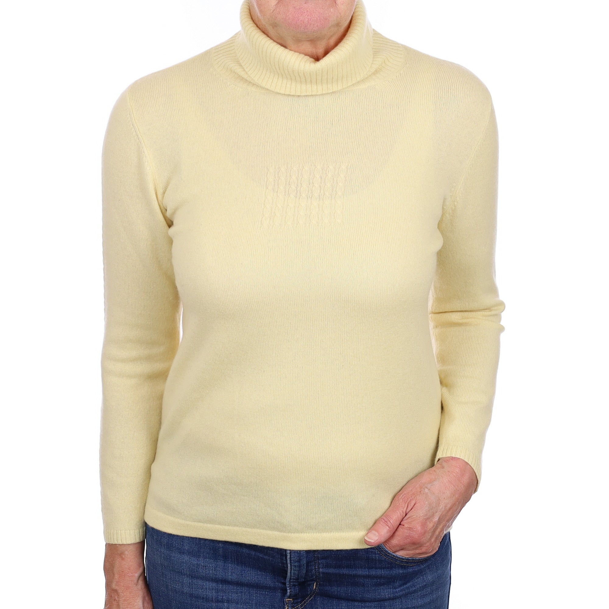 Primrose Yellow Cashmere Cable Detail Polo Neck Jumper Medium