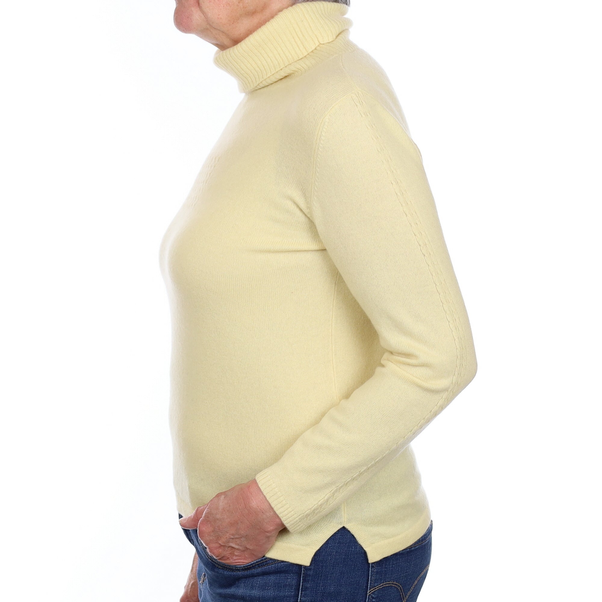 Primrose Yellow Cashmere Cable Detail Polo Neck Jumper Medium