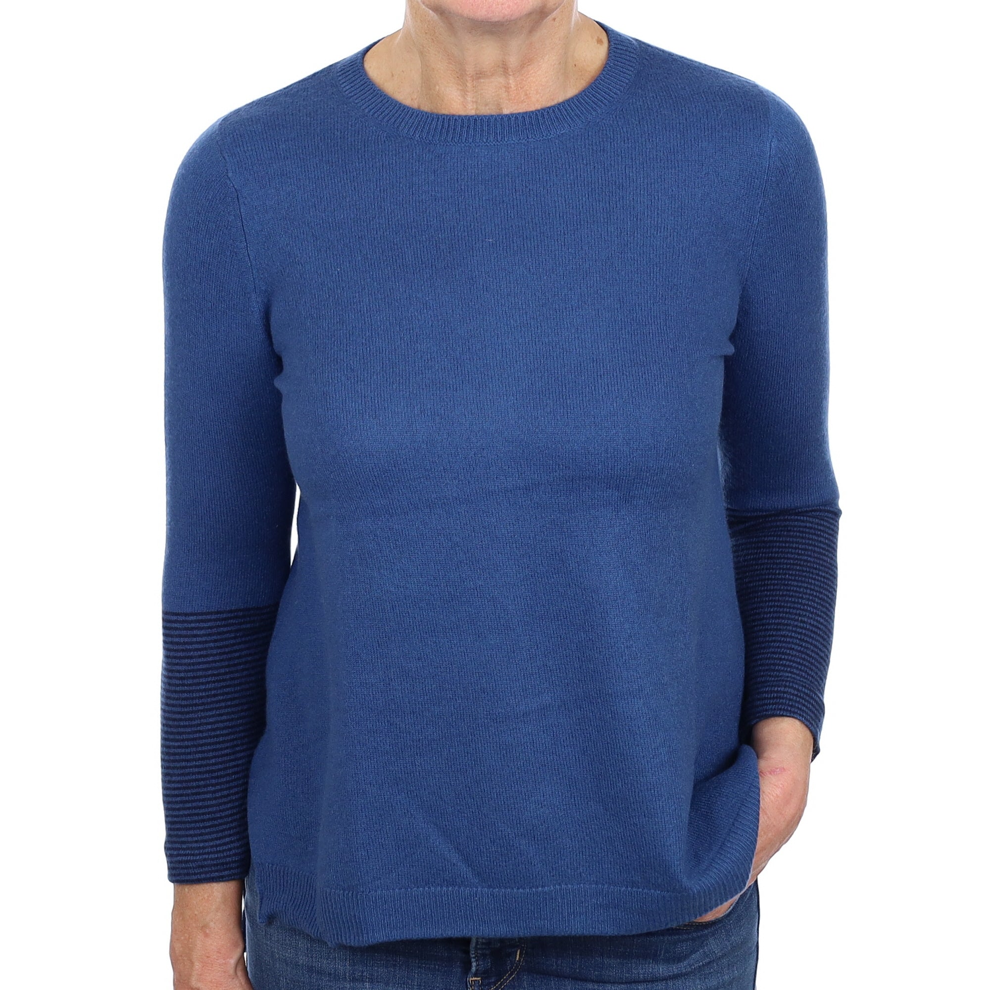Ocean Blue Stripe Sleeve Cashmere Crew Neck Jumper Medium
