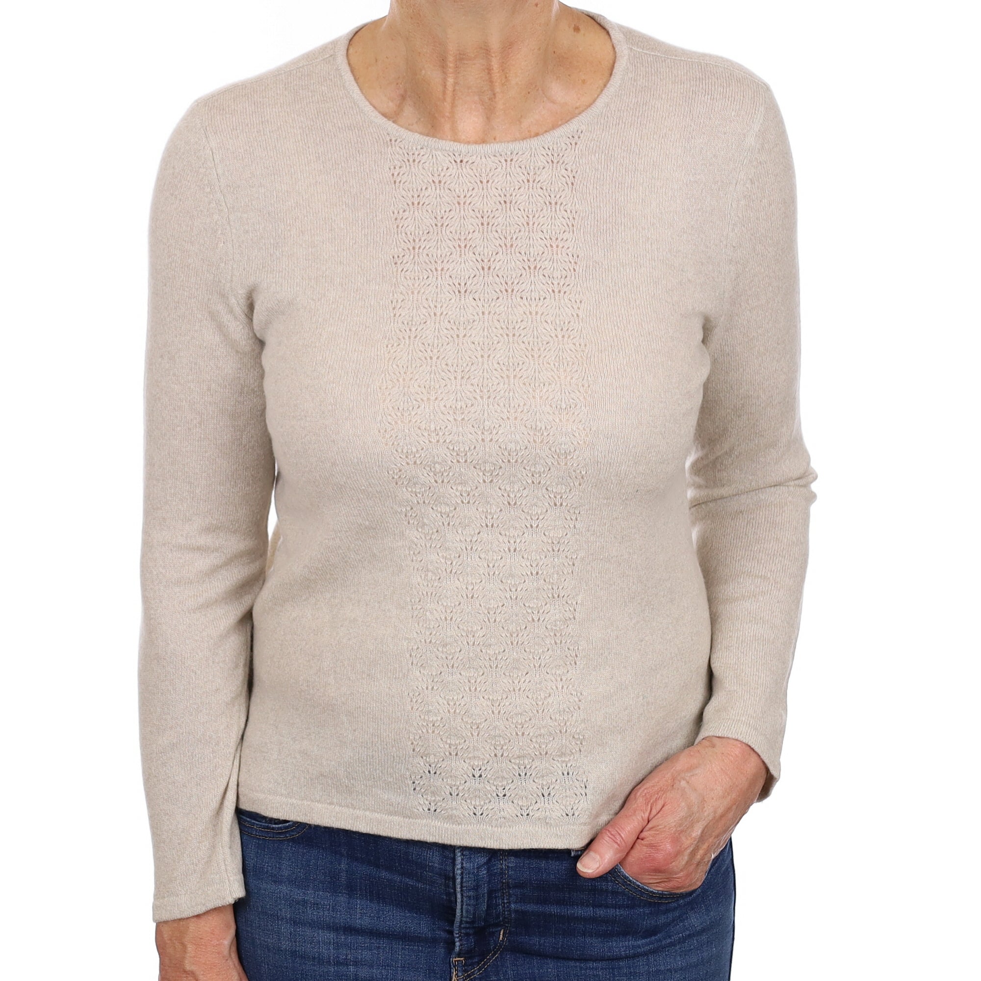 Oatmeal Cashmere Textured Front Crew Neck Jumper Medium