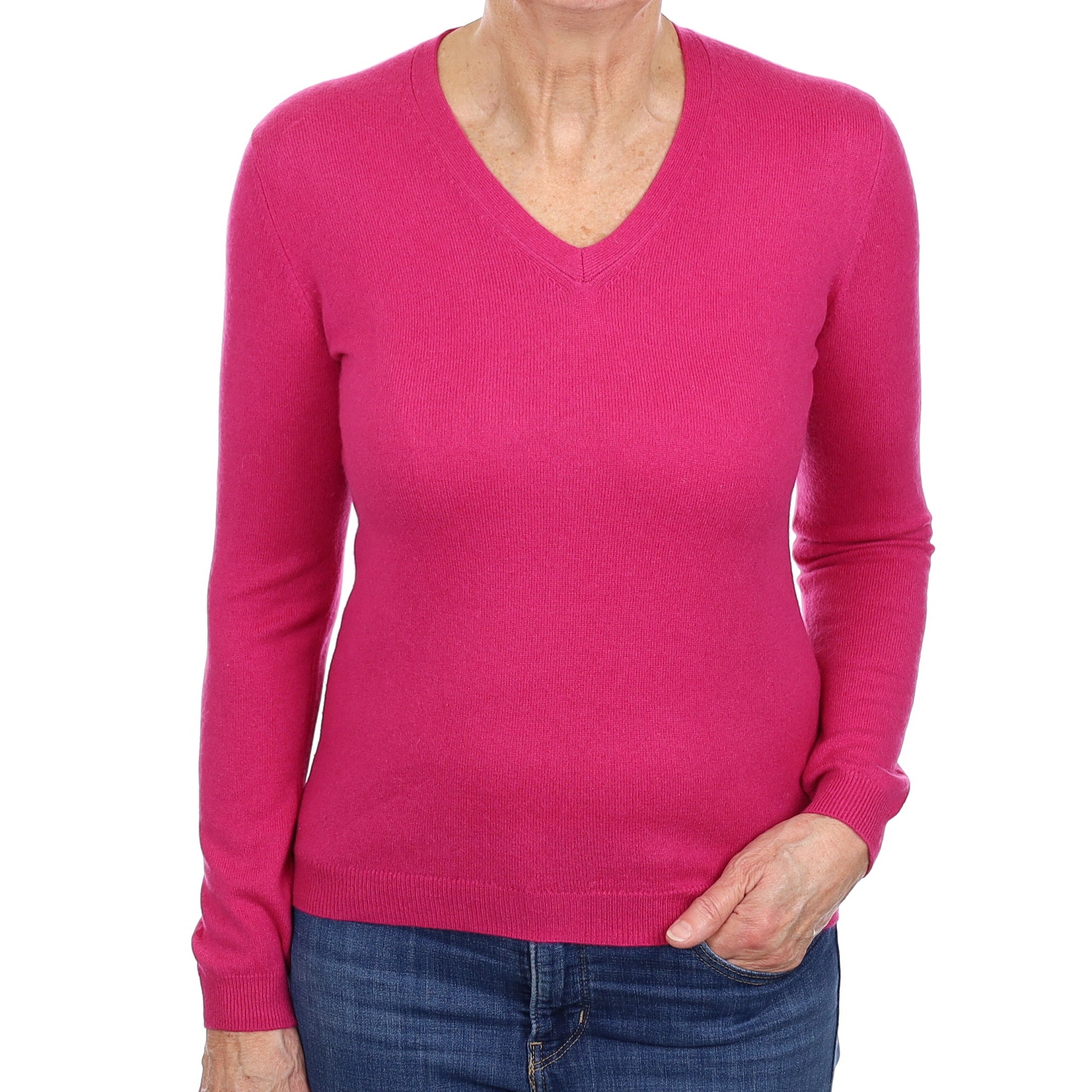 Fuchsia Pink Cashmere V Neck Jumper Medium