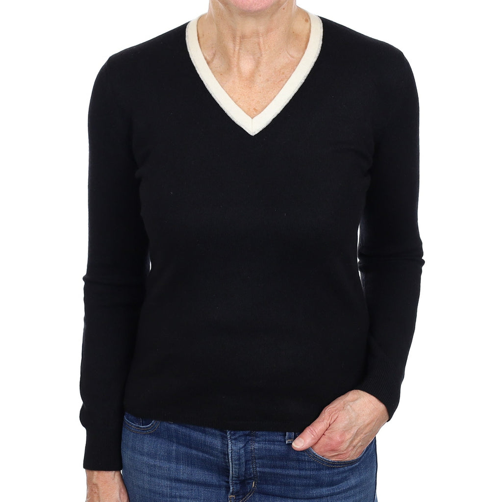 Italian Black Cashmere Cream Trim V Neck Jumper Medium