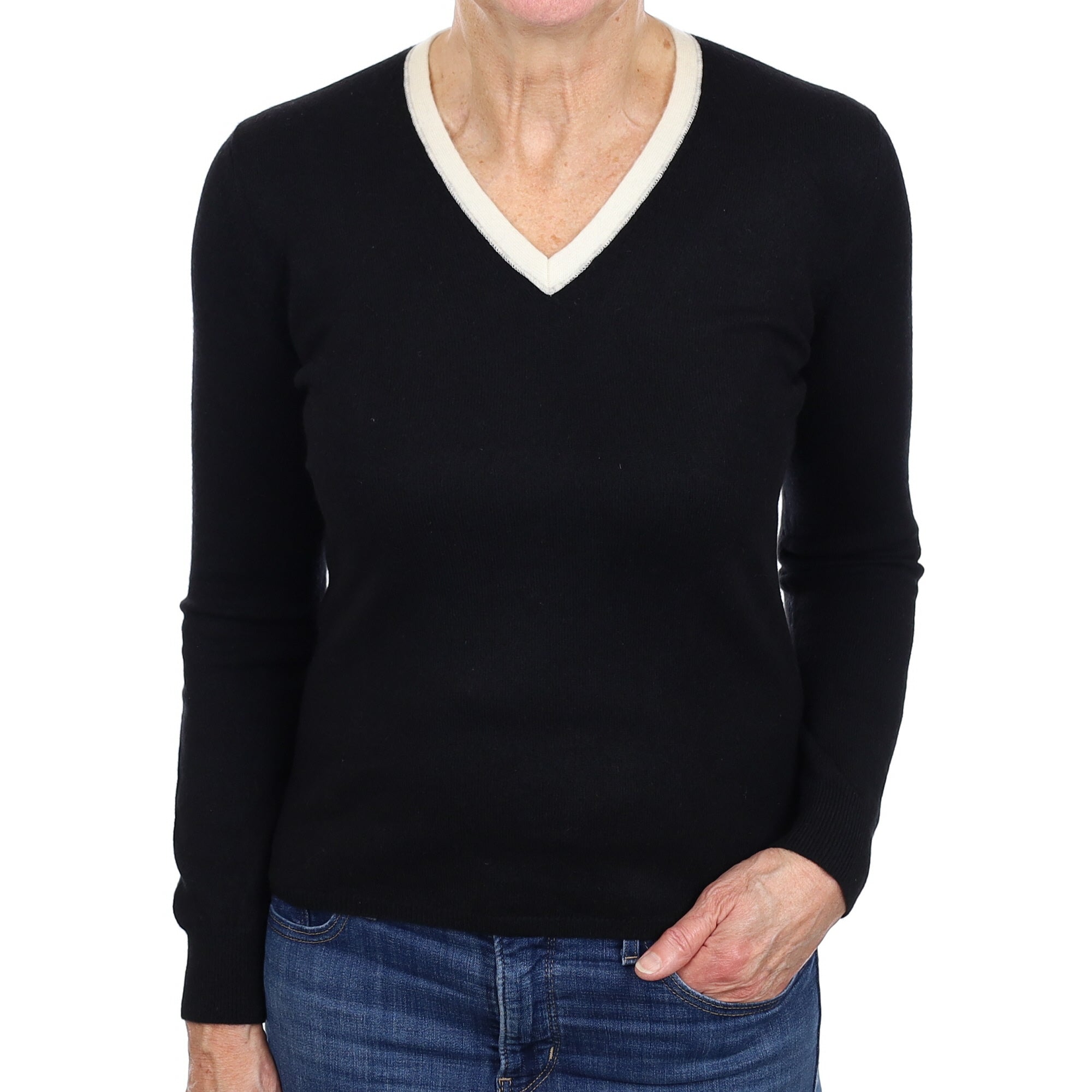 Italian Black Cashmere Cream Trim V Neck Jumper Medium