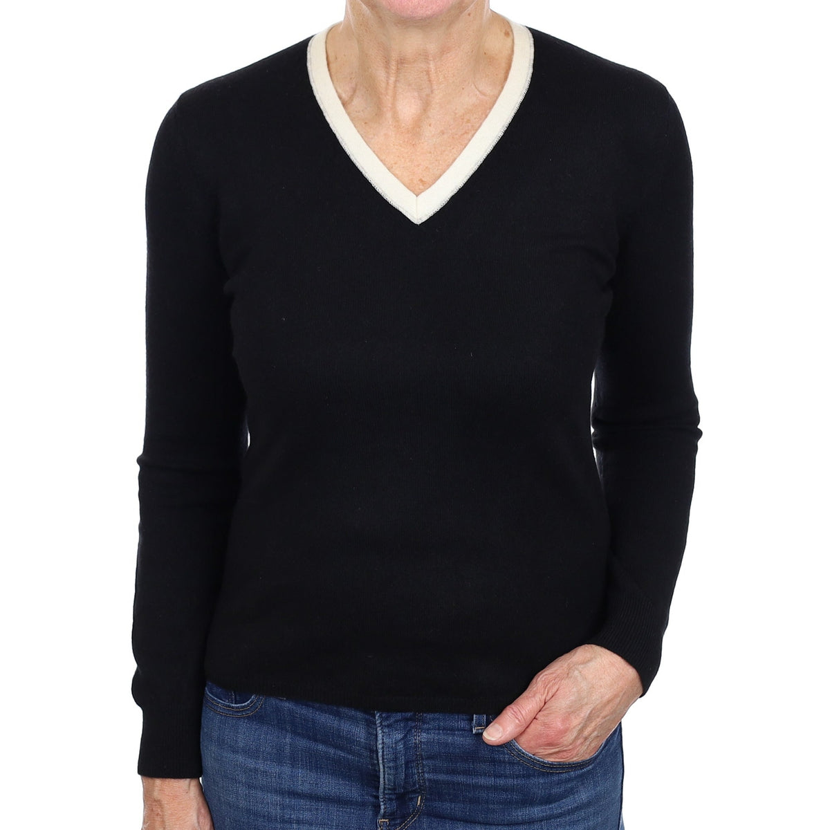 Italian Black Cashmere Cream Trim V Neck Jumper Medium