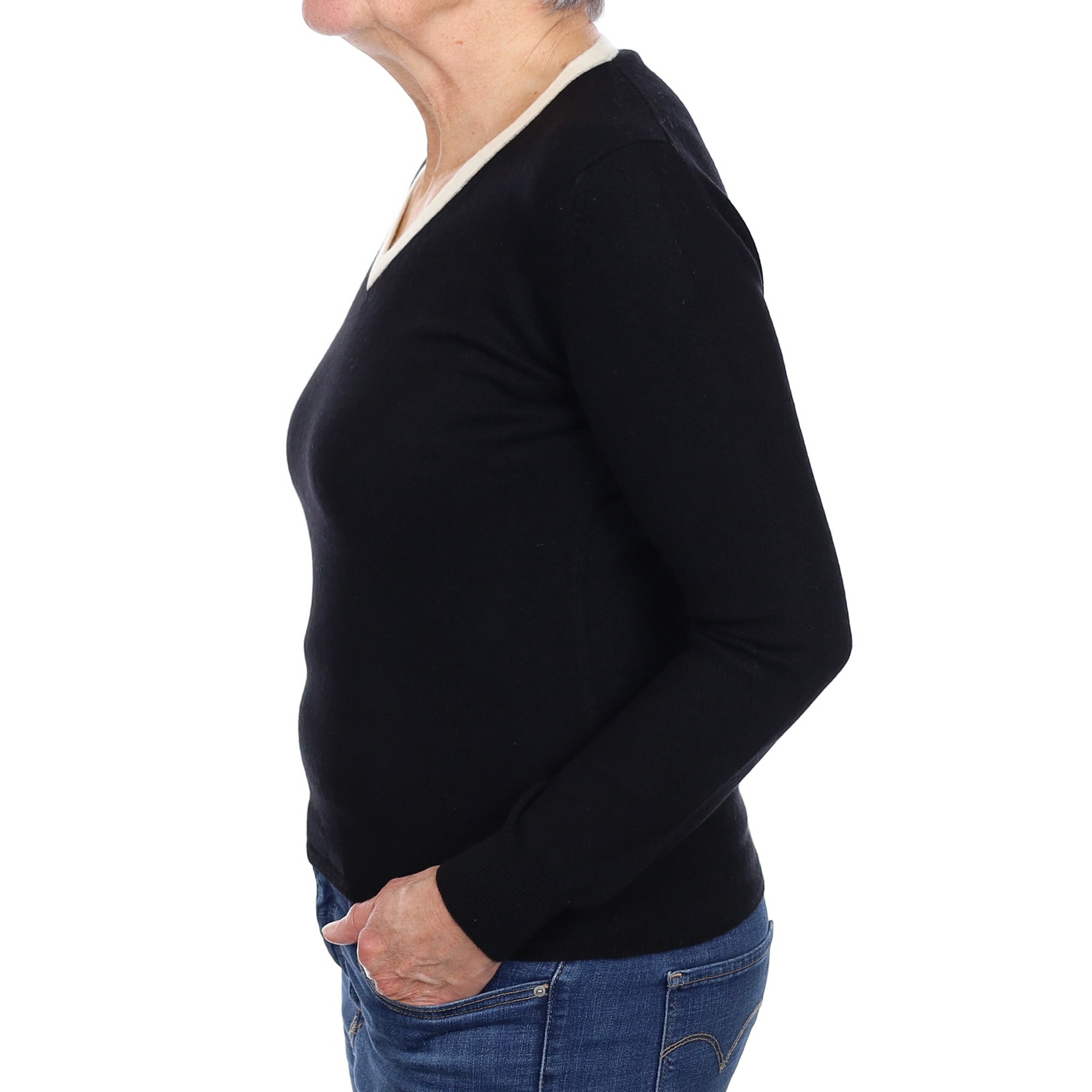 Italian Black Cashmere Cream Trim V Neck Jumper Medium