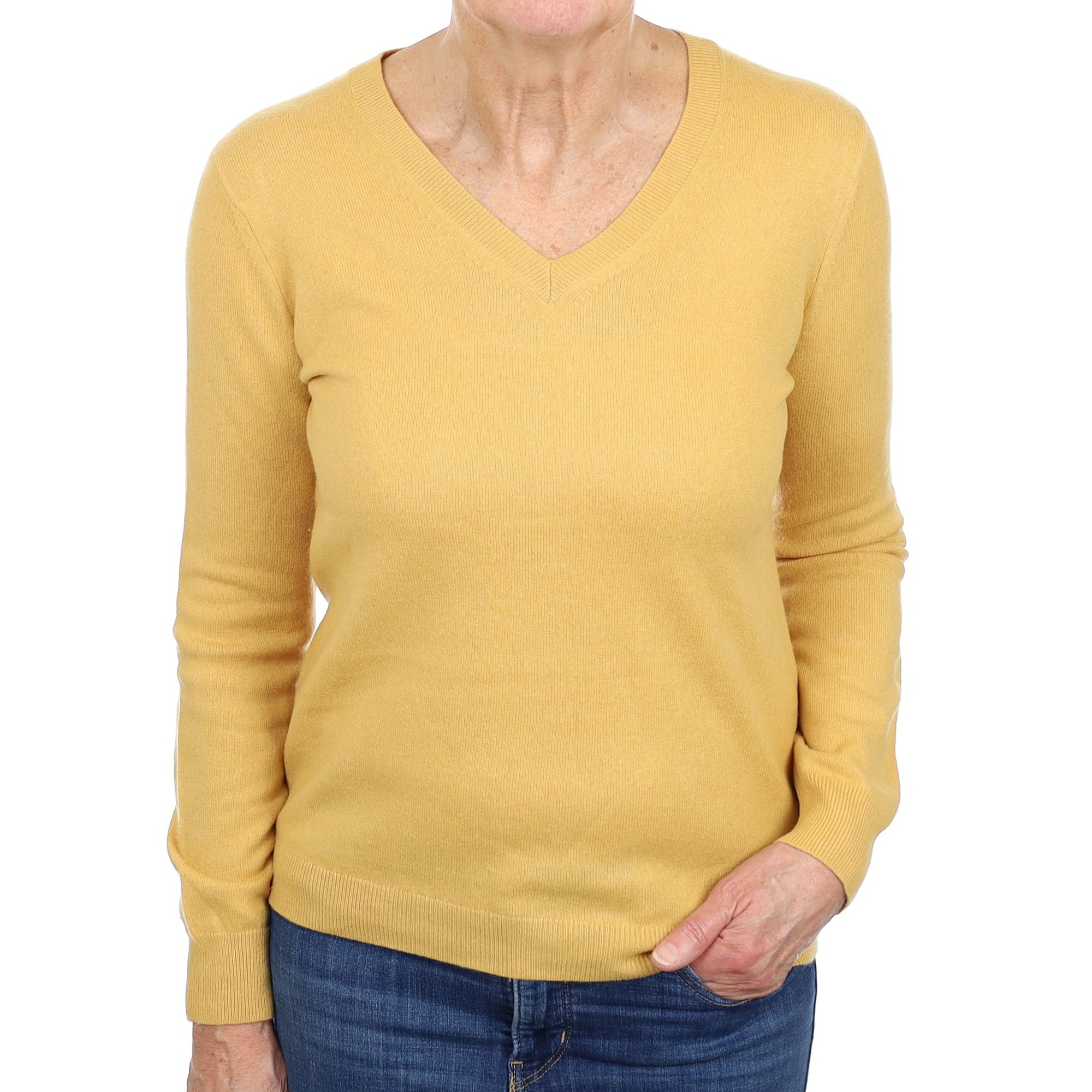 Flaxen Yellow Cashmere V Neck Jumper Medium
