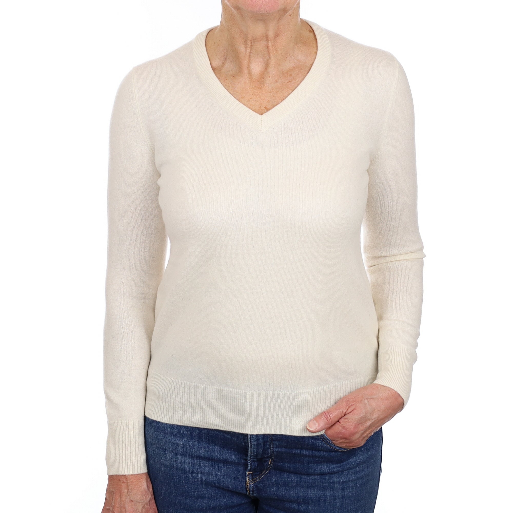 Ivory Cashmere V Neck Jumper Medium